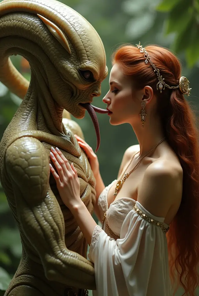 (masterpiece, 8K, UHD, RAW), A sexy Ginger haired girl kissing an evil alien on a bed, (((a beautiful young woman riding on top of one huge horrific alien))), (she rides the male alien with lustful femininity), her beautiful body is covered by a sheer translucent white lace bra with Art Nouveau embroidery, big sexy perky breasts, her pristine delicate features contrasts with the horrendous menacing fangs of the corrupted male alien, full body vibrant illustrations, intricately sculpted, realistic hyper-detailed portraits, queencore, depicts real life, the scene happens in a luxurious Art Nouveau boudoir with studio illumination,cream and teal silk satin,