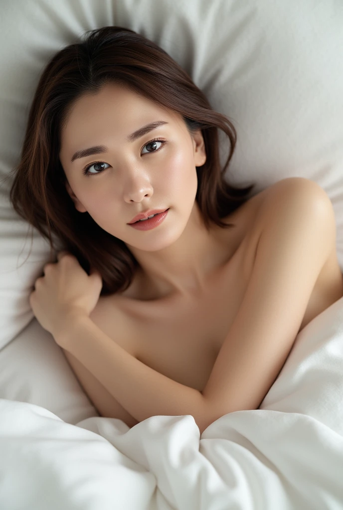 An incredibly realistic, 8K high-resolution photo of a beautiful woman in her 30s with half-long hair and a glamorous figure lying on a bed in a boudoir looking at the rain outside, dramatic lighting, work of art, best qualityer, photorrealistic, ultra detali, HDR, Physically based rendering, studio lighting, bright coloured, bokeh