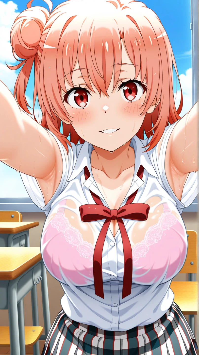 ((masutepiece, Best Quality, hight resolution, nffsw, Perfect Pixel, depth of fields, 4K, )), 1girl in, Solo, , Beautiful anime girl, Beautiful Art Style, close up, Looking at Viewer, Perfect body, Yuigahama Yui, Short hair, pink hair, hairbun, (large boob), smiling, slut, slut outfit, one breast out, breast, nipple, hands on breasts, blank white background, cowboy shot