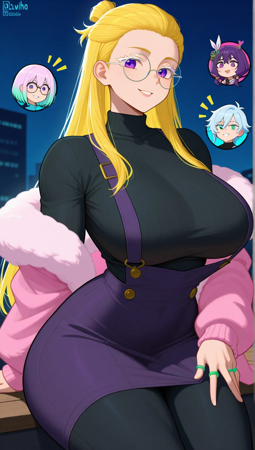 2heads, a very short fat woman with 2 heads. She has enormous breasts. She is inside a video game store. She looks like a nerd. She has messy hair. She is wearing a sweater and a short skirt. She is wearing thigh-high socks. She has gigantic breasts. She is extremely short. She is very fat. She is blushing. She looks nervous. She is smiling. She has massive breasts. She is very cute and extremely short. She is extremely fat.