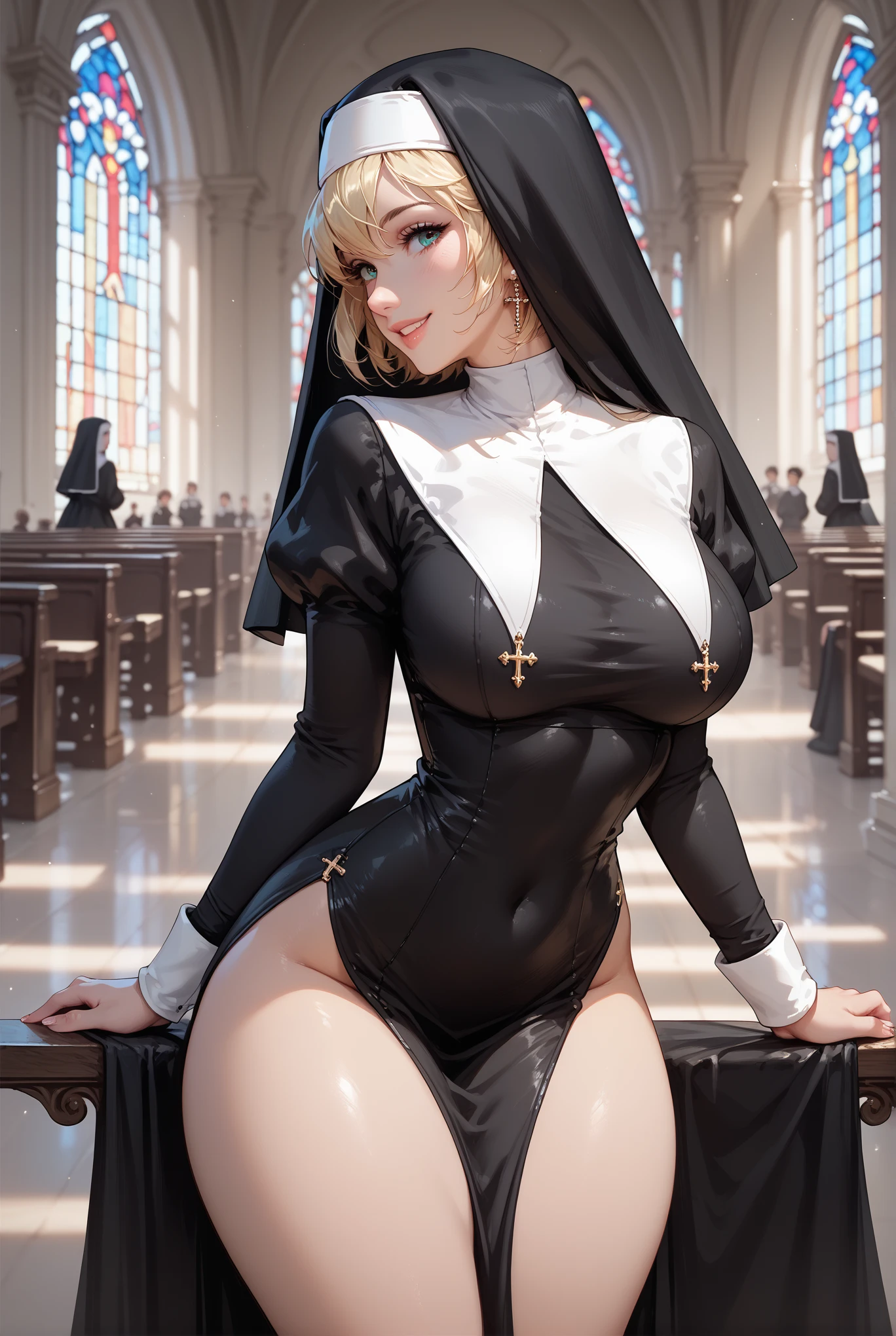 (Very detailed,Highest quality,4K,8K,16K,High resolution,masterpiece:1.5), (Perfect hands,Perfect Legs), (Realistic,photoRealistic,photo-Realistic:1.37),

One beautiful woman, Siggy, Nuns, Green Eyes, ((Blue Habits)), (Brown leather boots), 

Beautifully detailed sweat glands, Smooth skin texture, Carefully drawn, 

Outstanding proportions, Lively expressions, (Big Breasts), (Big Ass), ((Sticky with sweat)), ((Spread your legs and do a squat)), In a sexy pose, 

((Inside the church)), (((The church has many believers))), Cowboy Shot, 