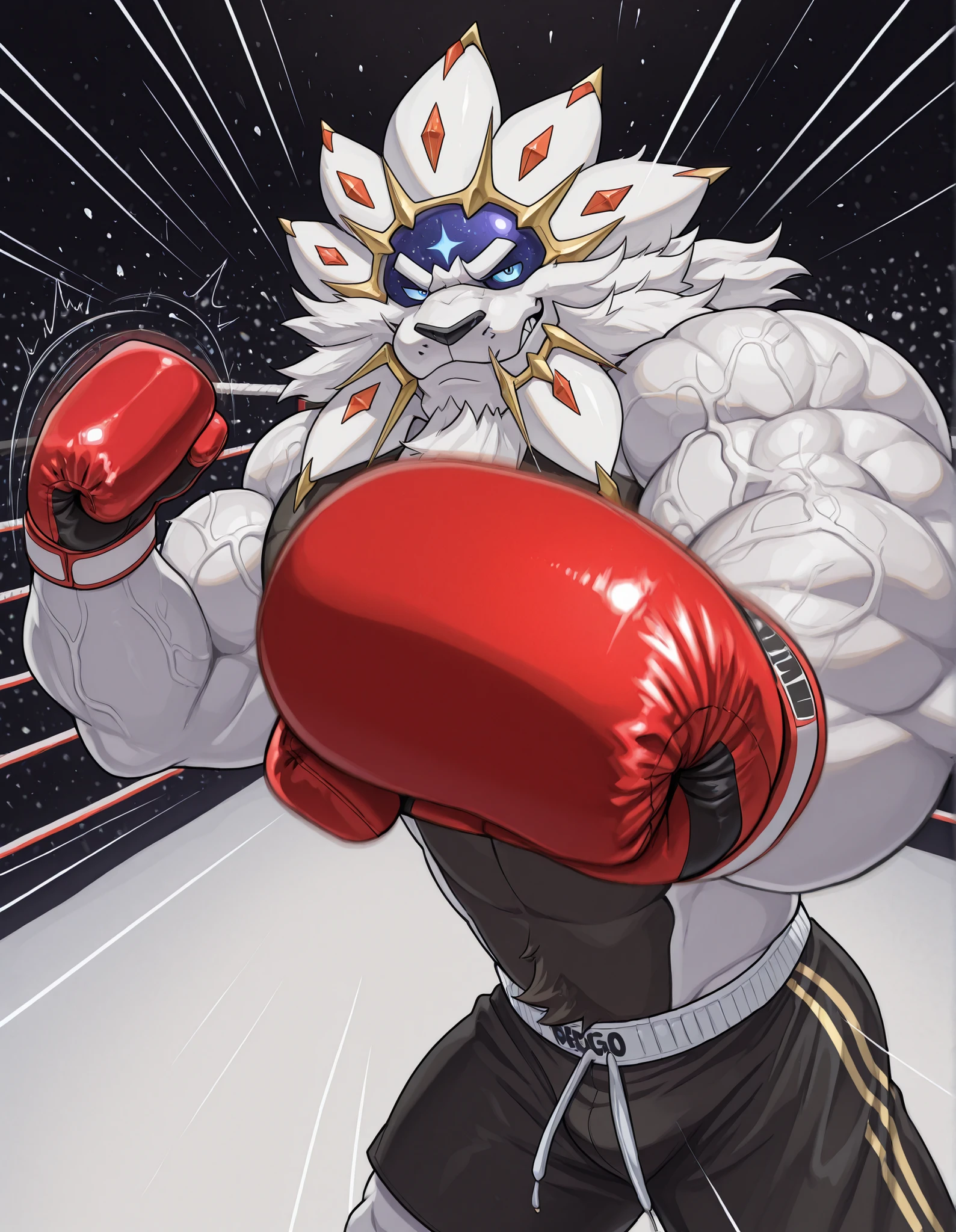 high quality, b0xingp0v, mercilessly punching_the_viewer, foreshortening, motion blur, red boxing gloves, black boxing shorts, depth of field, extreme perspective, extreme closeup, closeup, action shot, boxing, brutal punching pose, motion lines, impact lines, mercilessly punching the viewer, cropped head, boxing ring background, braker Solgaleo heavy wait boxing champion, furry male, heavy muscular, veiny muscles, black chest and abs, looking at viewer, ruthless smile, bedroom eyes, smug, bara, large pectorals, lowangleview-3000