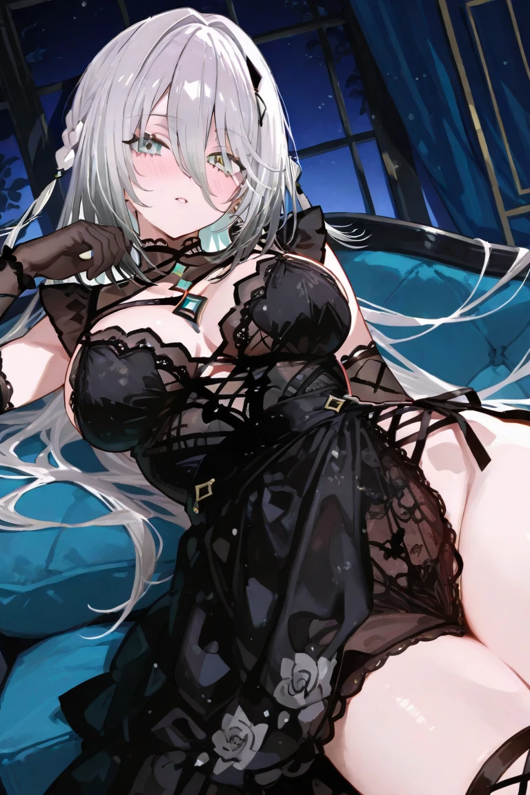 (detailed), (Perfect Face), ((Big Breasts)), (Long white hair), ((In the darkness with stars)), ((Black blindfold))