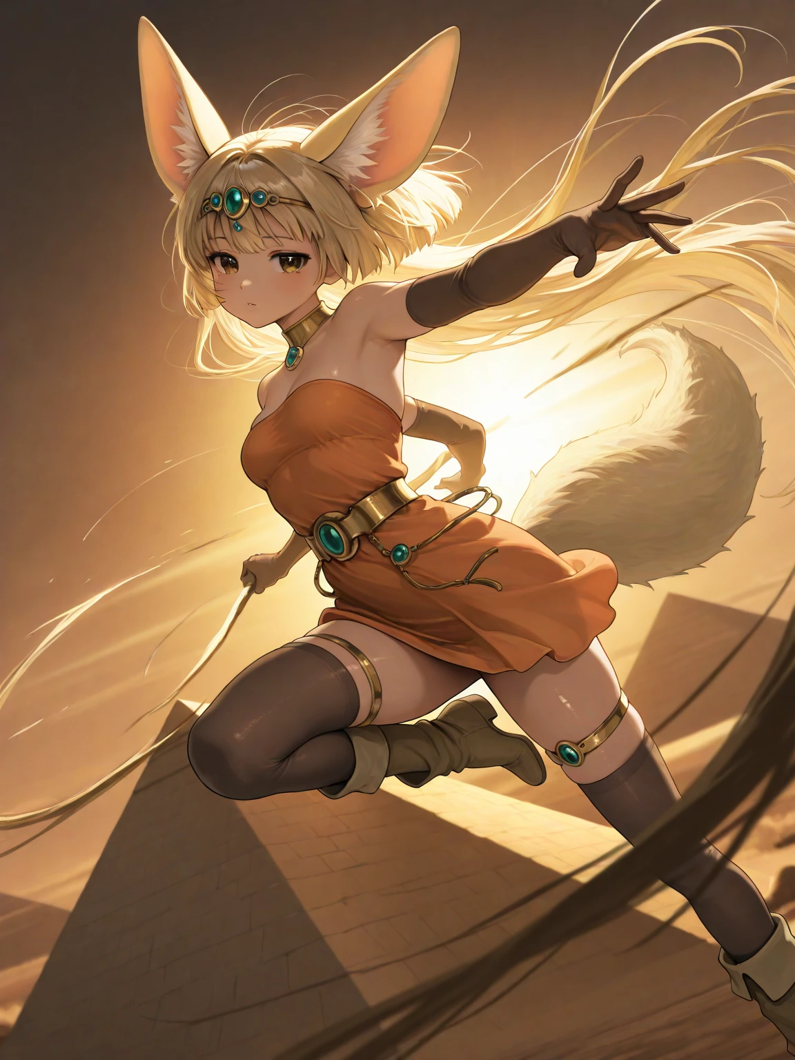 ((Full body photo, standing, feet on the floor)) Beautiful 2 girl, full body, teenager, alone, (very long waist-length blonde hair, straight blonde hair: 1.28), ((light blue eyes )), fair skin, (large, darker fox ears: 1.35), fair skin, medium breasts, cleavage, (thin hips, slim waist, athletic body: 1.25), bottom, looking away, ( wears short tunic made of green fabric, leather skirt, van suspenders, lace-up sandals, hair clip: 1.1), walking on the sand, masterpiece, best quality, 3D rendering work, 3DMM style, close-up, portrait , 3D,knee-high gladiator sandals
