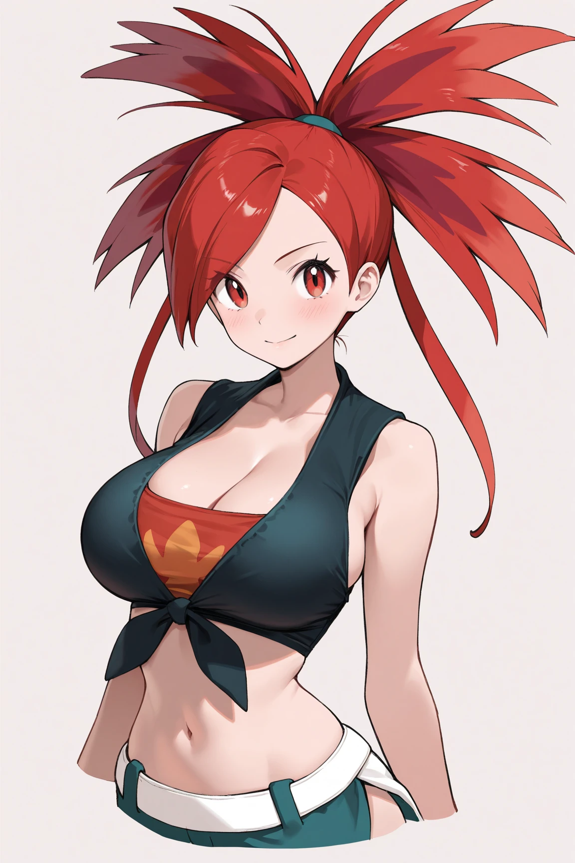 masterpiece, top-quality, Hi-Res,(1 girl in)、a miniskirt、(simple background:1.5),、pokemon style、red hairs、red clothing、a miniskirt、ssmile、Niyashi、Longhaire:1.5、cleavage of the breast、huge tit:1.5