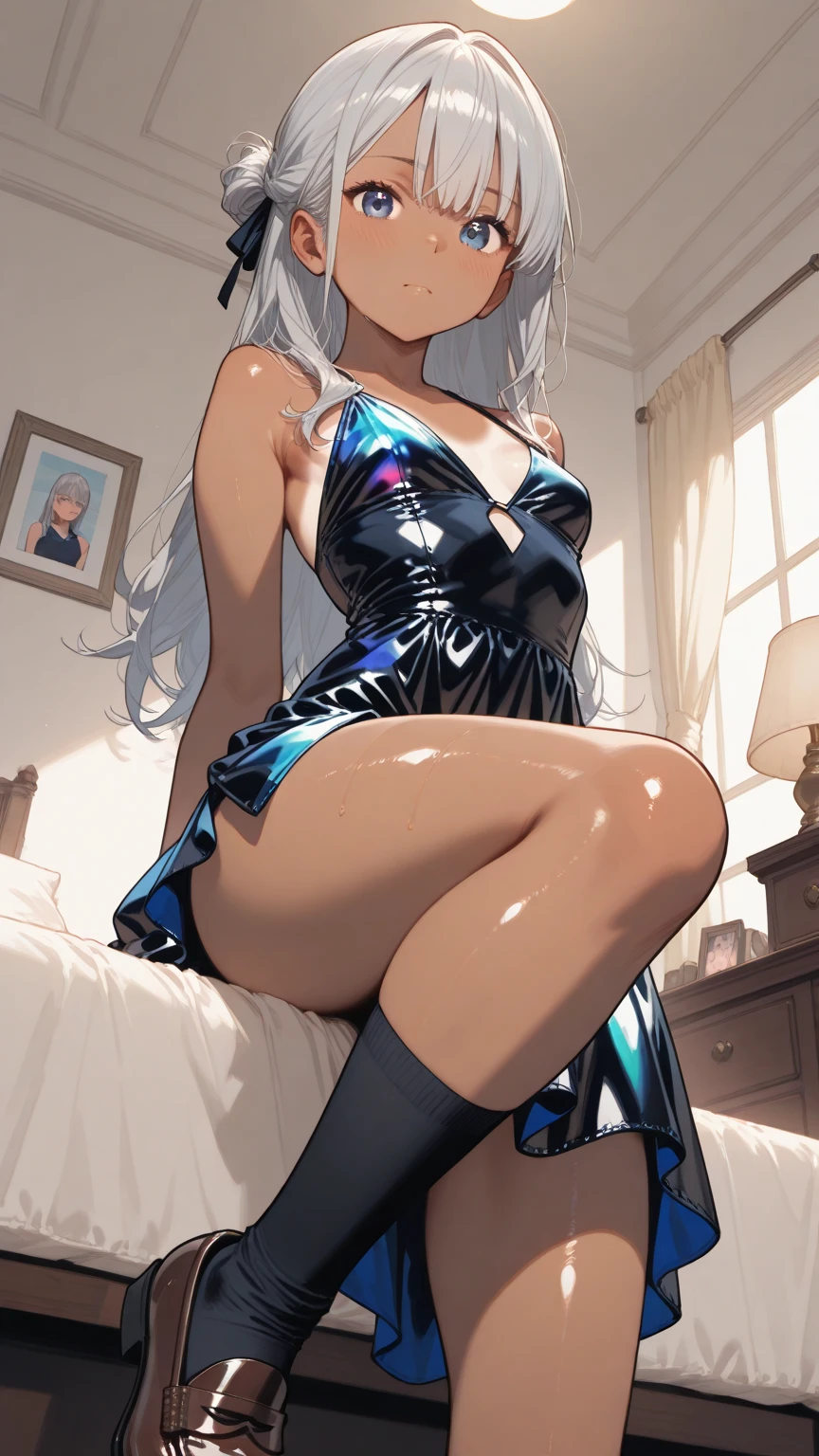 High resolution 8K, Bright light illumination, lens flare, sharpness, masterpiece, top-quality, The ultra - high - definition, high resolution, extremely details CG, Anime style, Film Portrait Photography, 1woman, Sexy, Sexy woman, solo, Woman wearing business suit, office lady, suit, sparkling, (tan skin:1.8),(tanlines:1.2), ((Spread legs)), (covered nipples:1.2), Beautiful Women, full body, (((Blue eyes, Straight hair, Silver hair, Medium hair))), (Natural skin texture Vibrant details, hyper realistic)