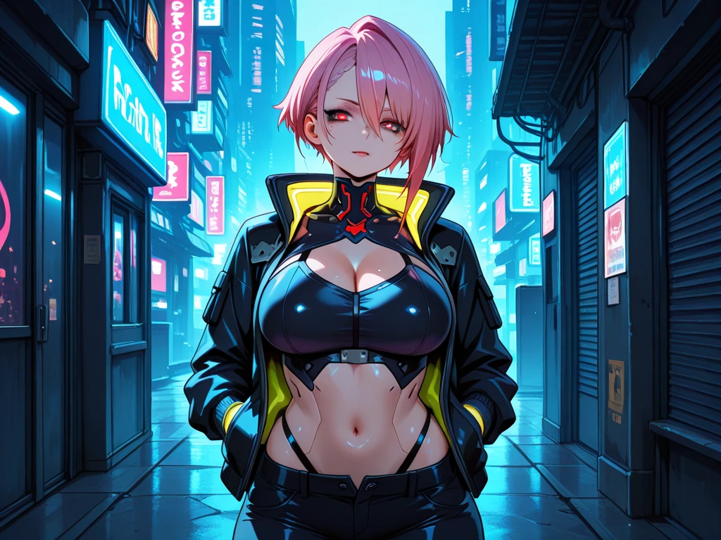 Wear complex cyberpunk urban clothing, beautiful, girl, detailed portrait, 4k, bright colors, conceptual art, dramatic cinematic atmosphere, sharp focus, volumetric lighting, cinematic lighting, busty studio quality
