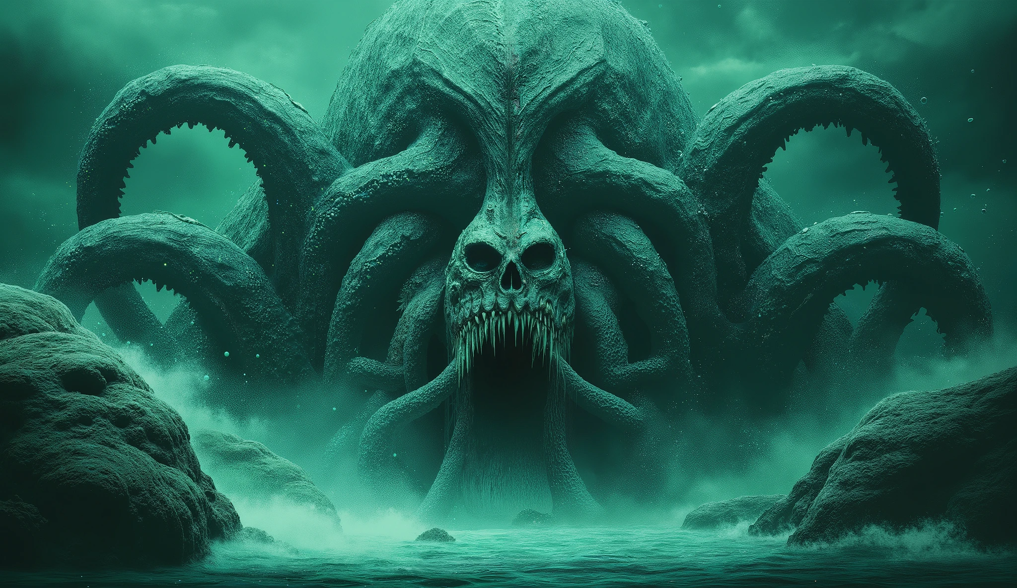 Eldritch horror from the deep sea, cosmic horror style, tentacled monstrosity, dark waters.