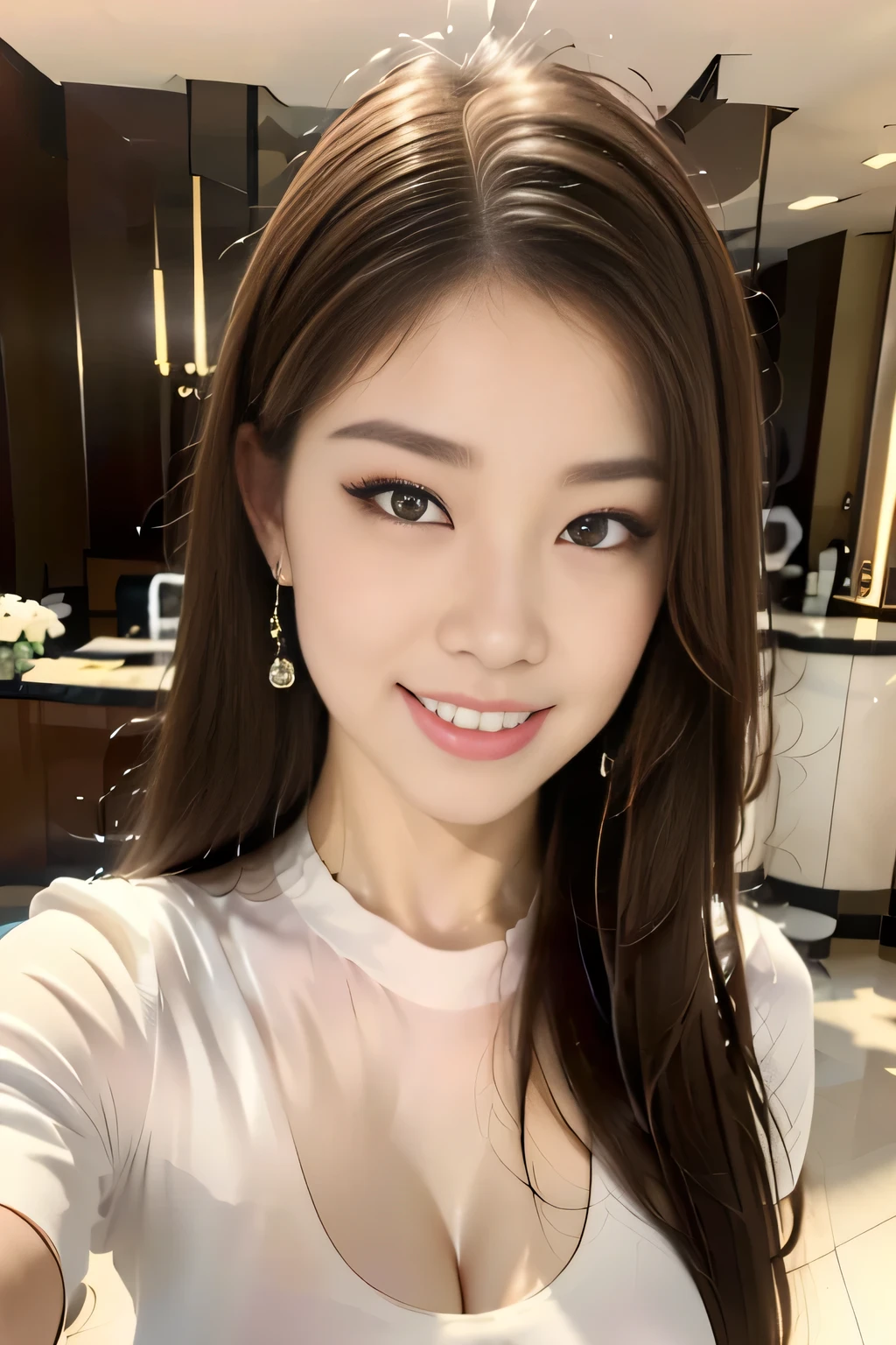 ((Best quality, 8k, Masterpiece :1.3)), 1girl, taking selfie, closeup, smiling, slim face, Pretty woman, (Dark brown hair), full length dress :1.1, Ultra-detailed face, Detailed eyes, Double eyelid, blur background, slim face, city, outside, street, sunny, sky, Nature