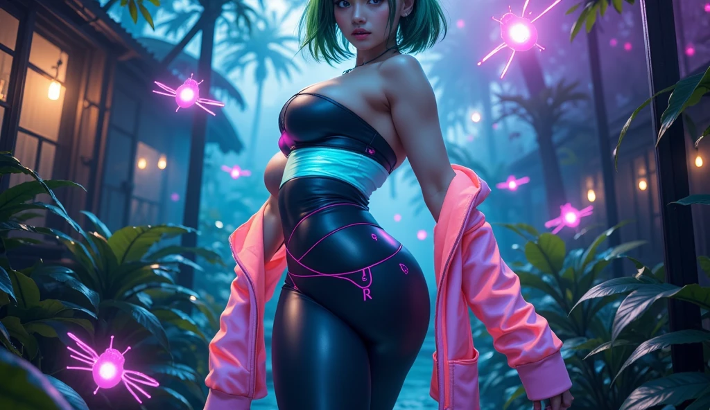 A beautiful young woman with wet cyan hair and alluring blue eyes, pose gracefully after an intense workout, masterpiece, high quality, 8k, photorealistic, dynamic lighting, glowing skin, beads of sweat, detailed facial features, ripped athletic physique, sensual expression, outdoor morning scene, lush green foliage, warm sun rays, serene atmosphere, big breats, voluptous