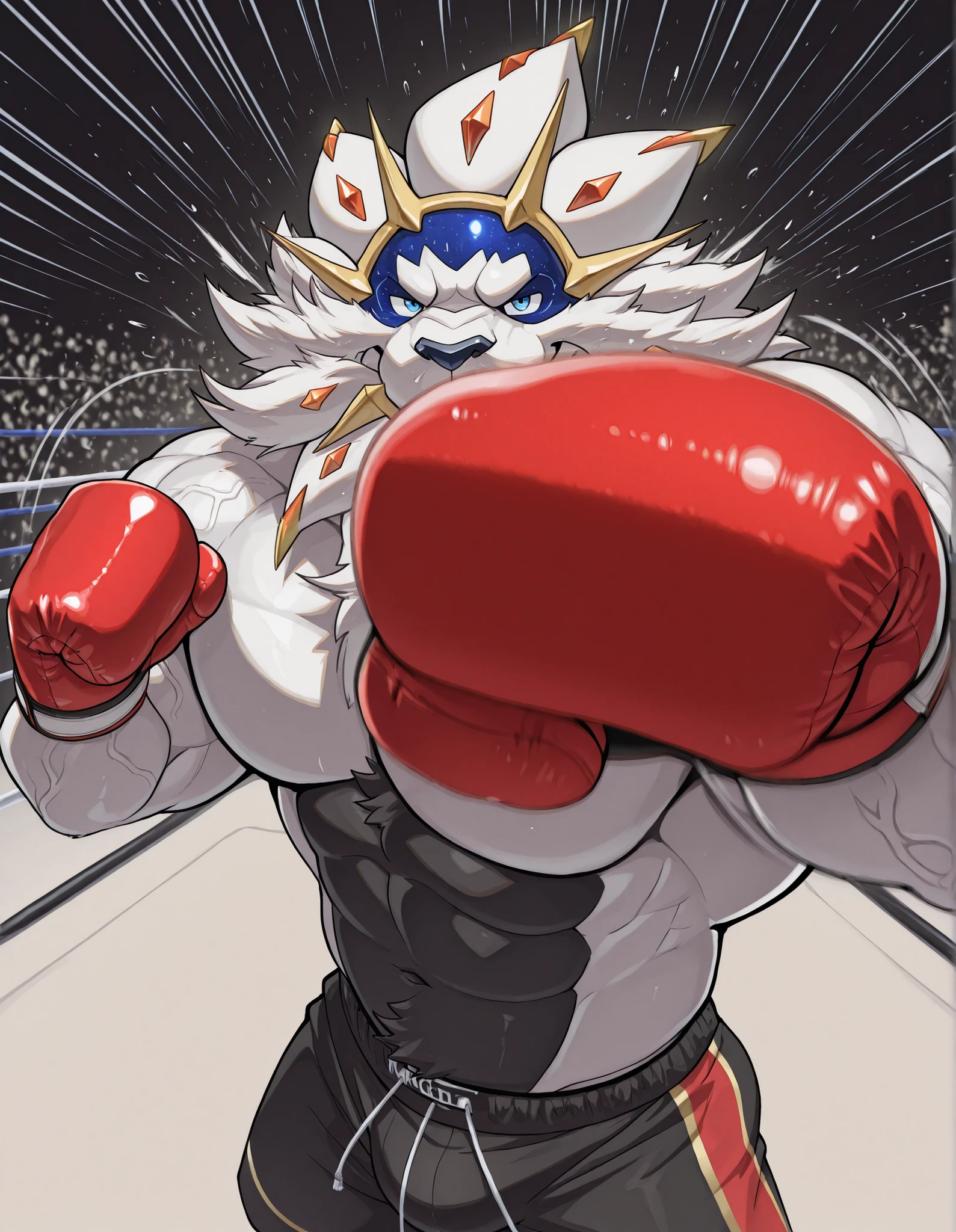 high quality, b0xingp0v, mercilessly punching_the_viewer, foreshortening, motion blur, red boxing gloves, black boxing shorts, depth of field, extreme perspective, extreme closeup, closeup, action shot, boxing, brutal punching pose, motion lines, impact lines, mercilessly punching the viewer, cropped head, boxing ring background, braker Solgaleo heavy wait boxing champion, furry male, heavy muscular, veiny muscles, black chest and abs, looking at viewer, ruthless smile, bedroom eyes, smug, bara, large pectorals, lowangleview-3000