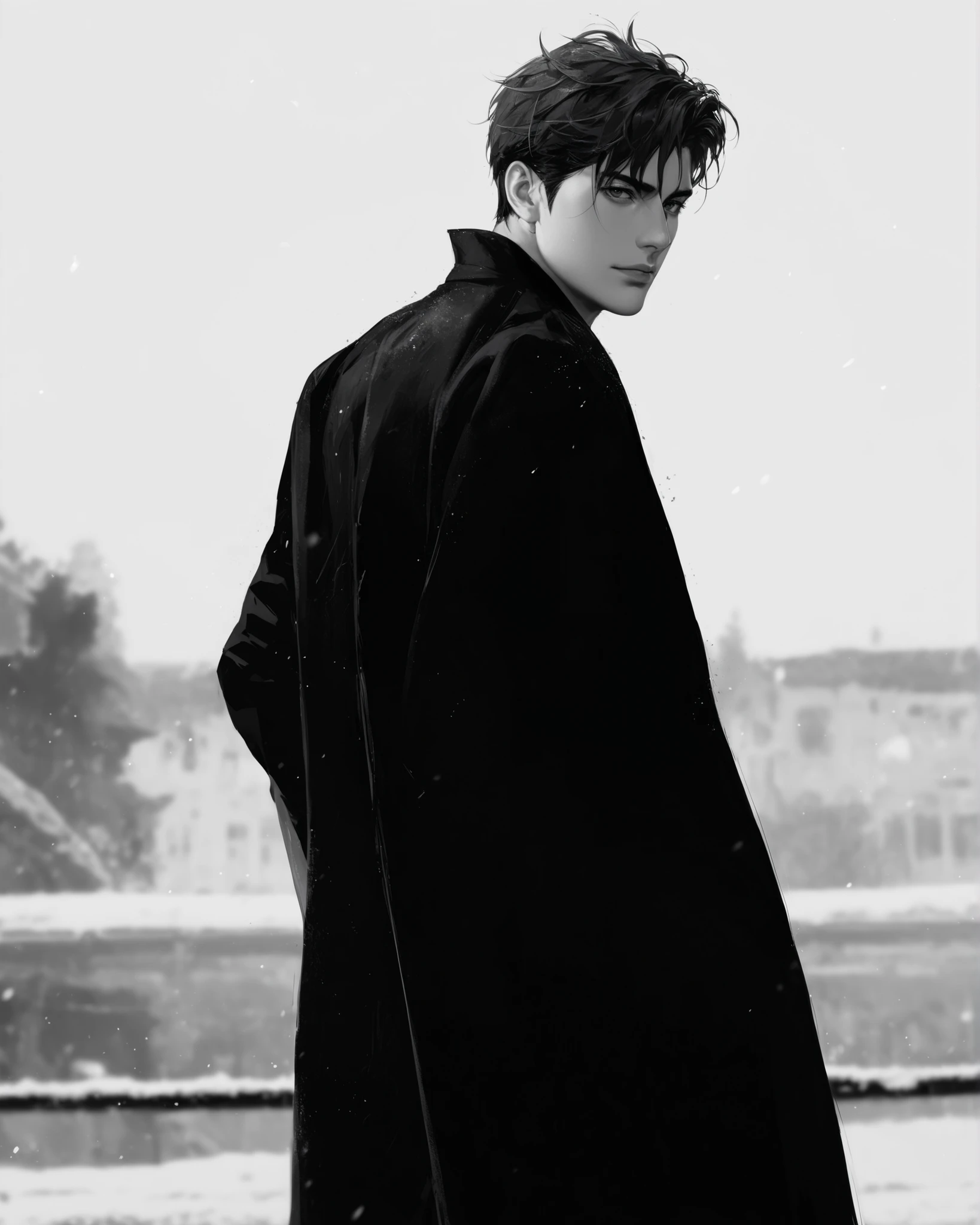 Арафедский мужчина in a black coat стоит на мосту, official editorial content by Jil Sander, He wears a black coat, in a black coat, in a black coat , Tadashi Nakayama, editorial model, by Sylvia Pelissero , by Alastair Grant Taylor , official Valentino Editorial , worn black coat , Caro Niederer