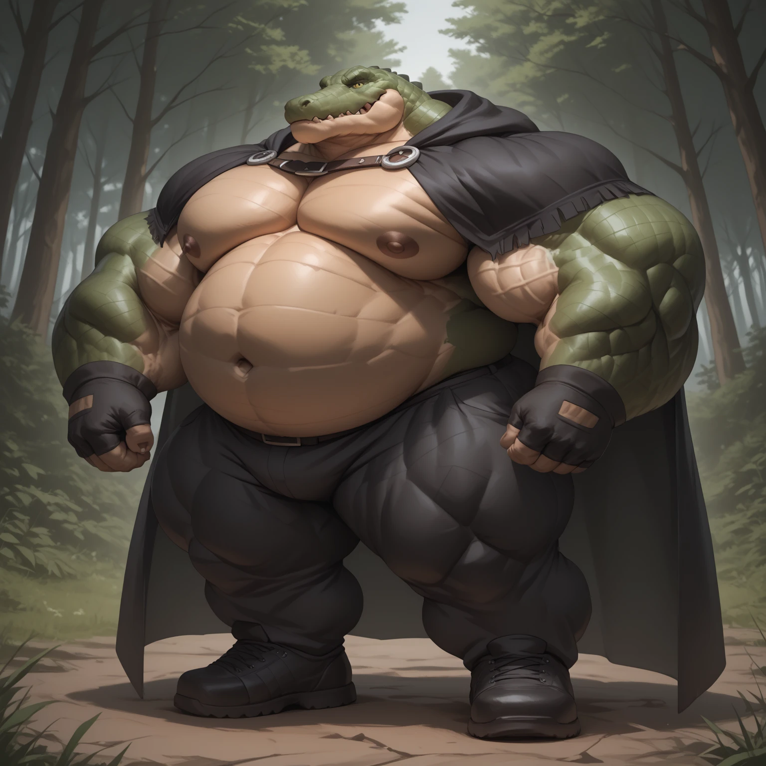 ultra detailed), a beautiful and detailed full size portrait of a male t rex, dinosaur, reptile, ((orange body, yellow skin, green eyes, detailed eyes, muscular anthro, buff, big pecs, fat, obese, scar)), non-mammal breasts, close up view, front view, big body, sexy body, goddess, wide hips, kenket, Ross Tran,ruan jia, trending on artstation,foxovh, cenematic lighting, front view, (((loincloth, pose, big crotch, standing, seductive, belt, strap, smile, teeths, feets visible, looking at viewer)), detailed swamp background,