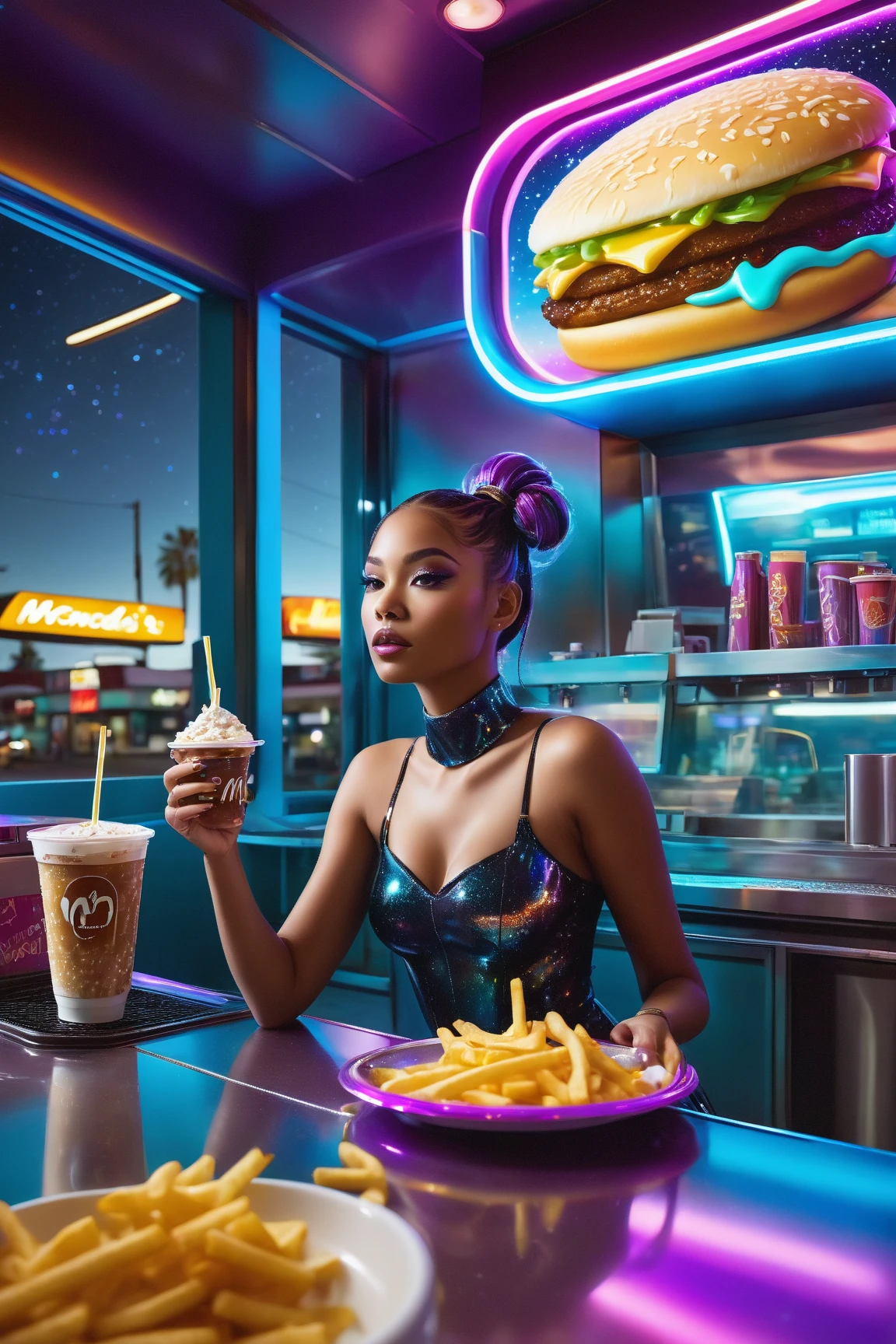 RuPaul at a college bar named Kams with orange and blue lights drinking a blue colored drink in a clear plastic solo cup with the word Kams on it.