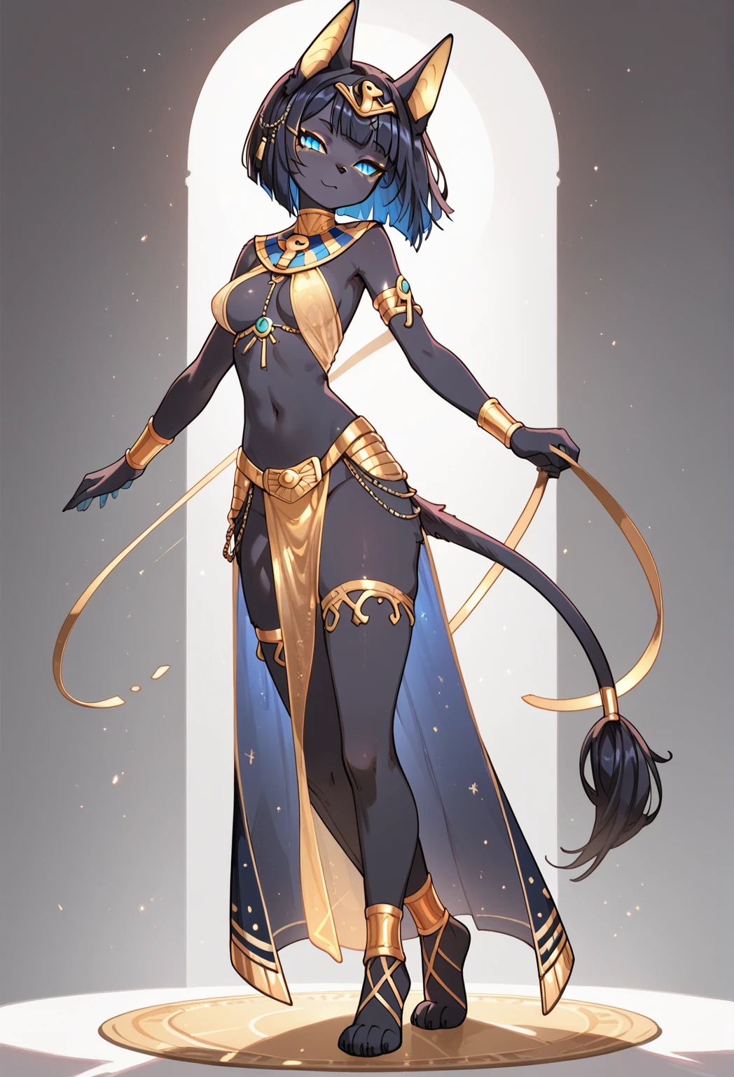 (tall anthro cat:1.2), ancient egyptian queen, (milf:1.2), (perfect hourglass body:1.2), (AS-Adult:1.2) (highly detailed body black body fur:1.2), (trimmed fur),(perfect blue eyes), (cat slit black pupils), ((white:1.2) star forehead mark:1.3), cat snout,
smile, fighting stance, energetic pose, mouth open,
ancient egyptian clothes, (hanging breast rest under clothes:1.2), shiny jewelry made of (diamonds, ruby, emerald, sapphire), (lapis lazuli \(gemstone\) jewelry), (amazonite jewelry),
magic particles, wind effect,
(masterpiece:1.2), (best quality:1.2), (intricate:1.2), (higly detailed:1.2), (sharp:1.2),
cinematic light, vivid colors <lora:AncientEgyptianClothes:1> <lora:magic_particles:1>