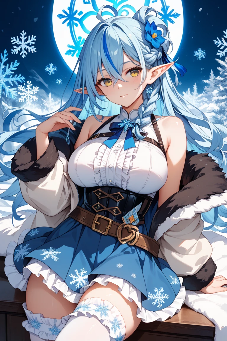 Anime, woman, long hair, pale blue hair, pink eyes, gently, earrings, big boob, wearing a black dress, beautiful, elegant, pure, fantasy, ice, snowflake, snow land, cool, noble, small smiled, fur coat, elf,
