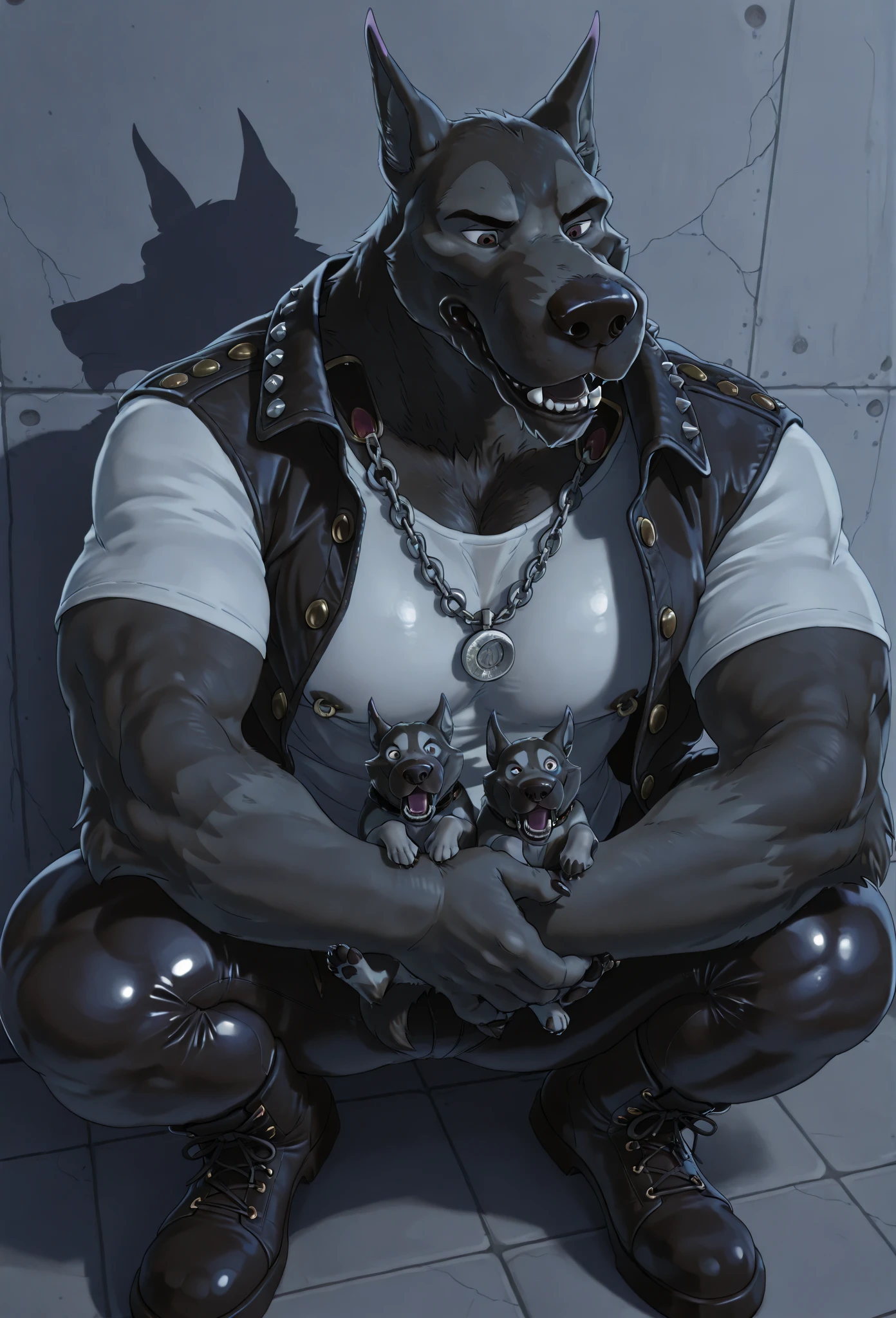Very muscular black doberman wearing a black security guard shirt while seductively standing over the viewer showcasing their muscular body while pulling down their black pants presenting their huge veiny erect uncut black penis and plump testicles to the viewer, black shirt, security shirt, undressing, black pants, dark alley, big penis, big testicles, foreskin, Masterpiece, highly detailed image, highly detailed genitalia, 4k, 4k resolution, black penis+, by Truegrave9, by Virtyalfobo, by Chunie, by Clockhands, thick theighs+, inviting, inviting viewer, solo, fluffy tail, long tail, raised tail, looking pleasured+, feminine, dark environment, bedroom eyes+, seductive eyes+, dominant male, bubblebutt, big butt, quote "like what you see?", black skin+, ebony skin+, perfect eyes, looking down at viewer, penis grab, plain background, hyper muscles, precum,