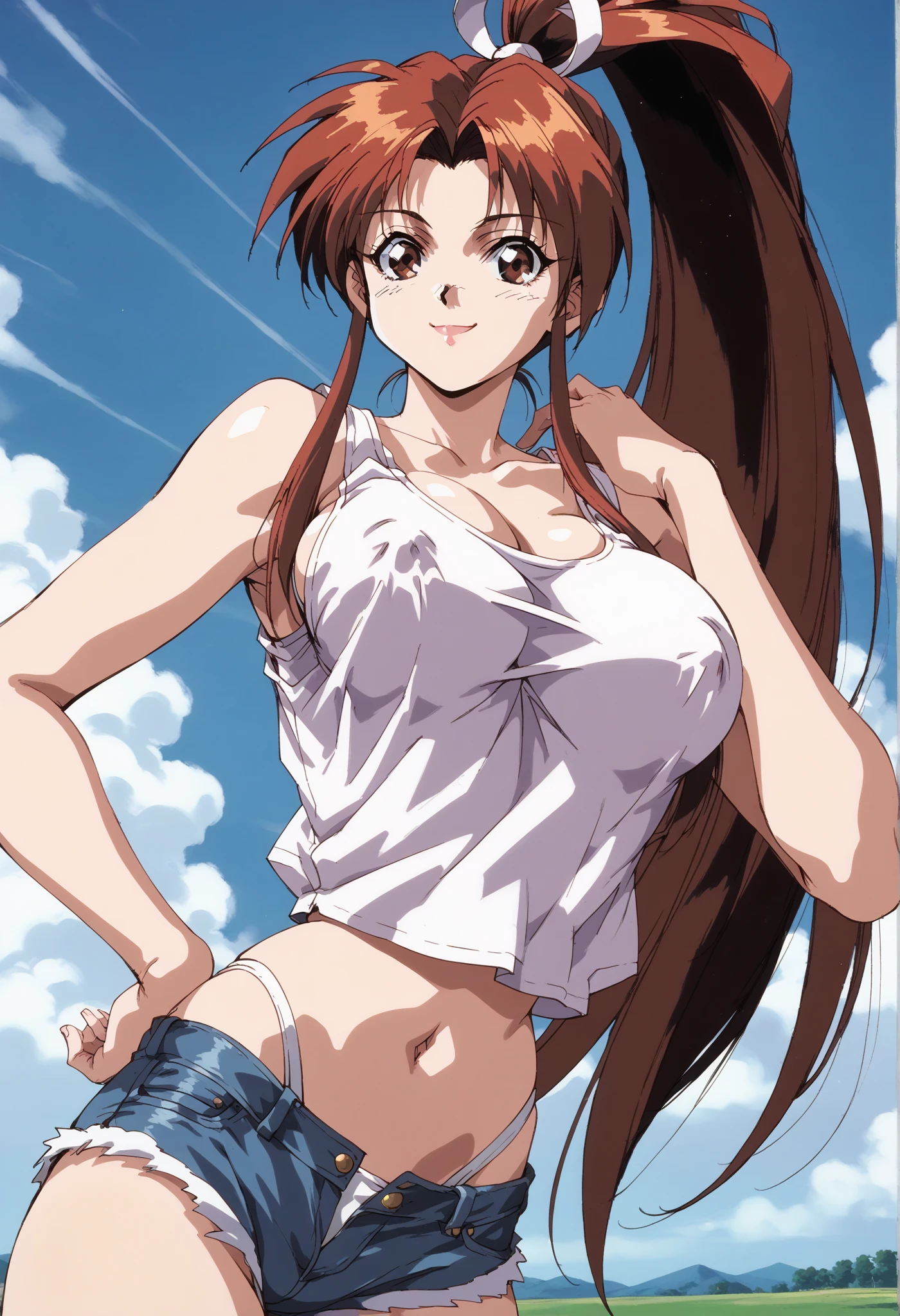 brown skin anime girl in a deep V-neck cami top, (jeans), (long hair), starving, (resting hands on the stomach), (hands on the stomach), (slim body)