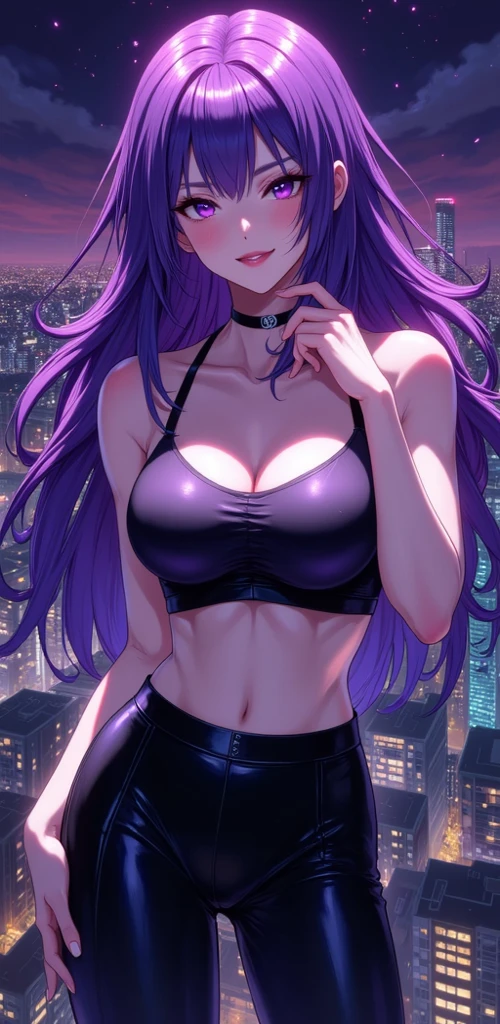 (large breasts 1.4), extreme cleavage, deep cleavage, beautiful woman, ((purple hair: 1.6, straight with shine)), bright blue eyes, bright eyes, double eyelids, light effect on eyes, detailed irises, body sensual, slim body, ((off-shoulder, strapless sweater, choker, tiny denim shorts, elegant details, bold sexy, Gorgeous and cool)), cleavage, ((work of art, hyper-realistic, hyper-detailed, Best quality, 16k, light and shadow on the skin, vivid colors), eyeliner, Thin eyebrows, Sensual expression, perfect lips, innocent and sexy face, ((skin with light and shadow) flirting with the viewer, lots of freckles, full lips, extreme blush, smile, living room background, near the window, sunset, late at night, rays of light, masterpiece,
