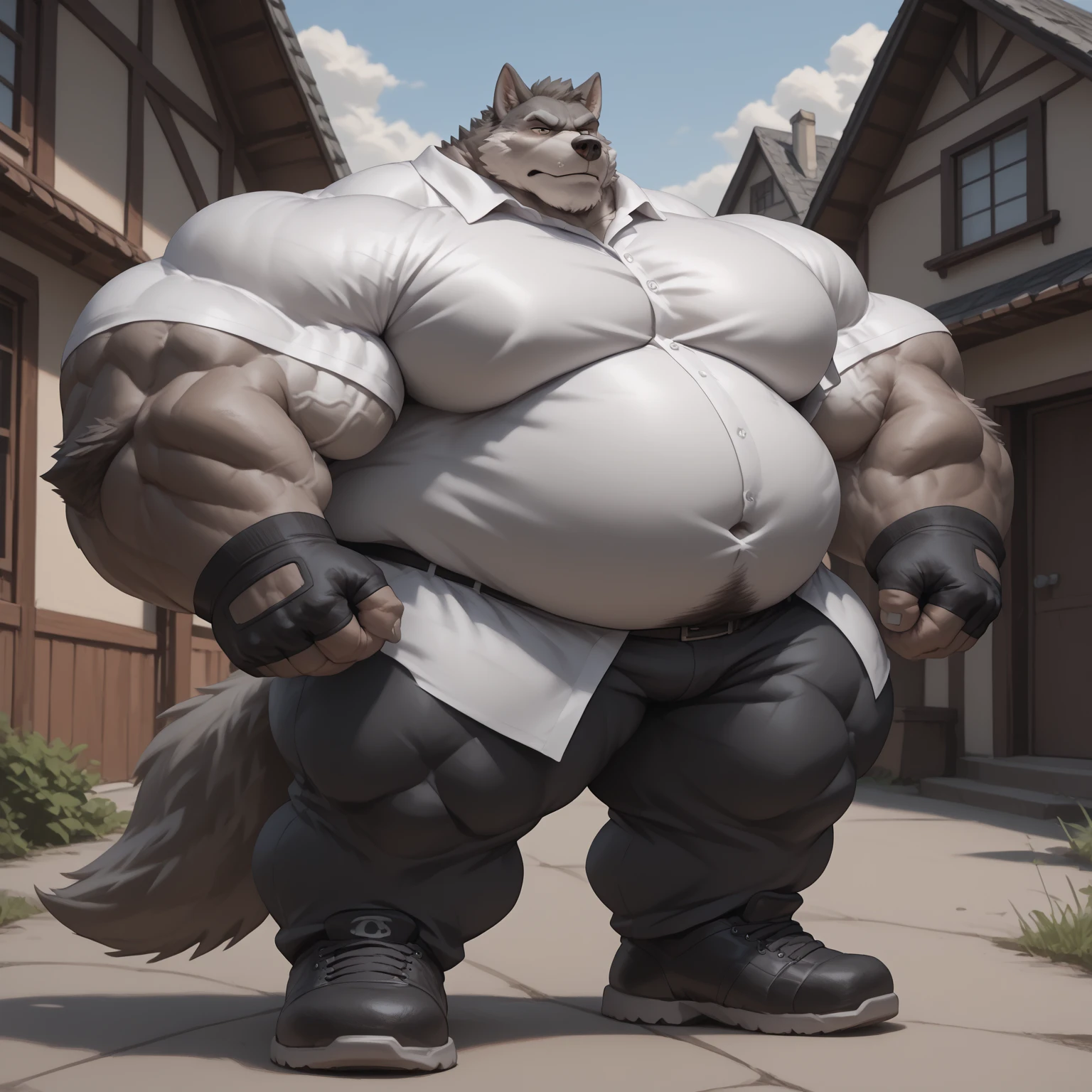 Werewolf, male, adult, uncle, with black fur, green pupils, jacked muscular bodybuilder masculinity, insanely developed muscles, large chest and abdominal muscles, semi naked, wearing a white T-string underwear, (huge giant boulder sized crotch:1.8), (erect state), in the public park, standing by a male adult, soaked all over, hazy mist, real light and shadow, ultra fine portrayal, 4K ultra clear