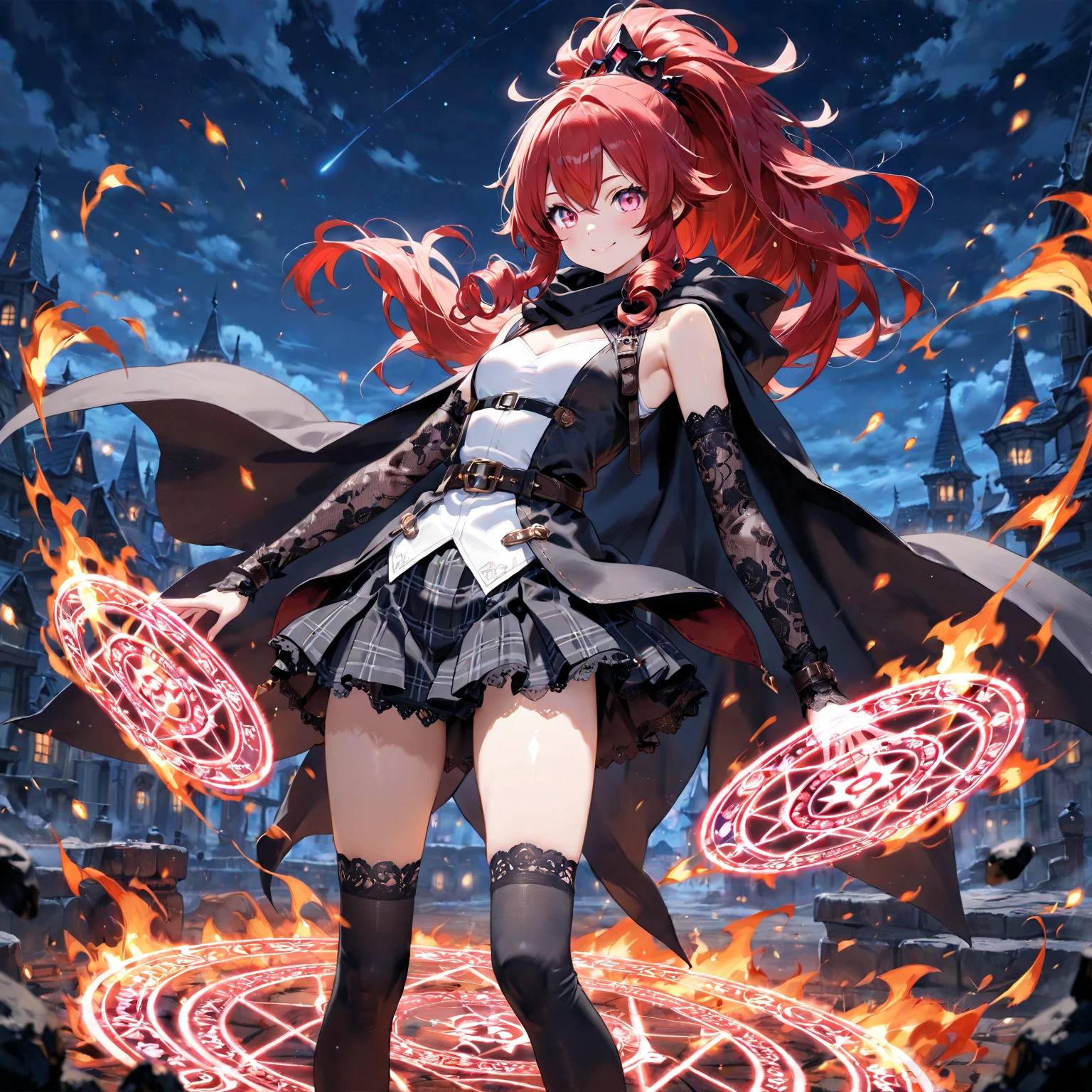 masterpiece,best quality, wizzard, short hair, red hair, ((twin tail)), red eyes, cloak, red_ornamentedium_tits)), exposed belly, 1girl, legs exposed, strikes, Perfect face, short skirt, knee socks,add_detail:1, add_detail:0, add_detail:0.5, moody light，and the sun was shining brightly，8k，hyper-detailing, ((staff_weapon)), from behind, ((ass)), looking back, thong