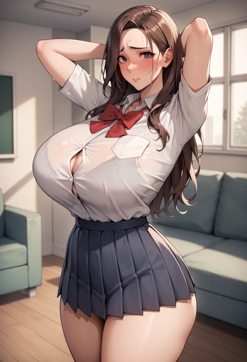 best quality, Solo breasts, Big Ass, very curvy, Bangs and long ponytail, Walnut Brown Eyes, Full lips, Tempting, Smile著, Naked white ties tied into a knot, Plaid skirt, bracelet, Thick thighs, Curvy physique，Smile，Blushing，In the bedroom