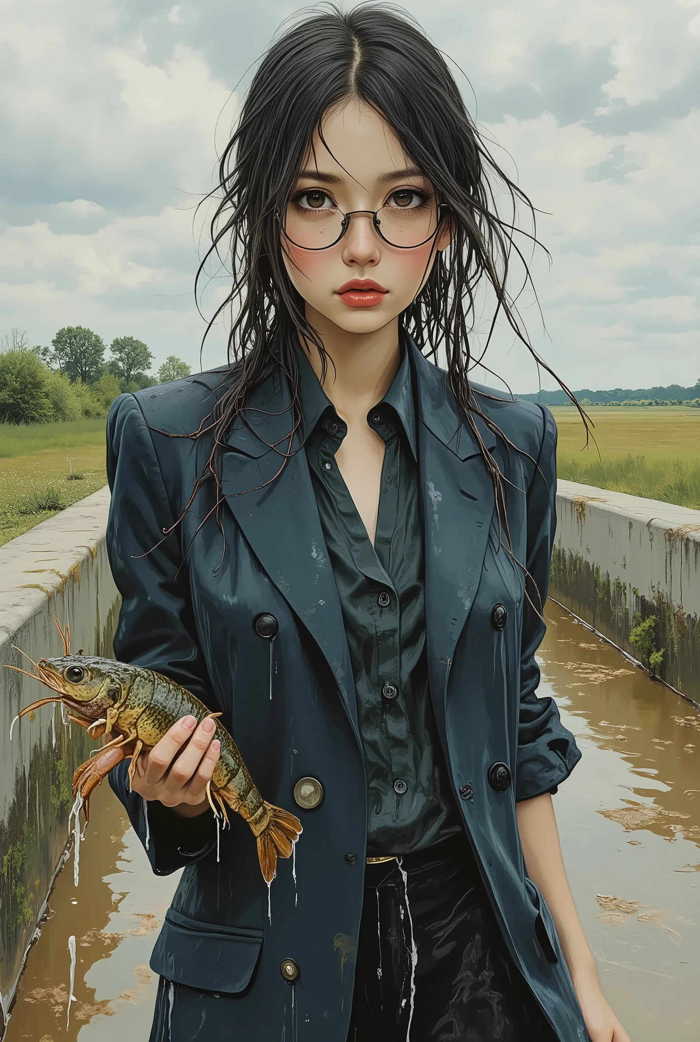 medium shot, a woman with glasses and sharp eyes, wearing sleek and intellectual clothing — a fitted dark blazer over a collared shirt — completely soaked from head to toe, standing beside a rural concrete irrigation canal, holding a live crawfish by the claw with an unreadable expression, acrylic painting, high resolution, heavy textured brushstrokes with dripping water effects, her wet hair plastered to her face and clothes clinging to her body, surreal contrast between elegant fashion and muddy rural setting, muted tones of navy, gray, and moss green, overcast sky with reflective puddles, subtle pop-art tension and quiet humor, best quality, masterpiece, trending on ArtStation