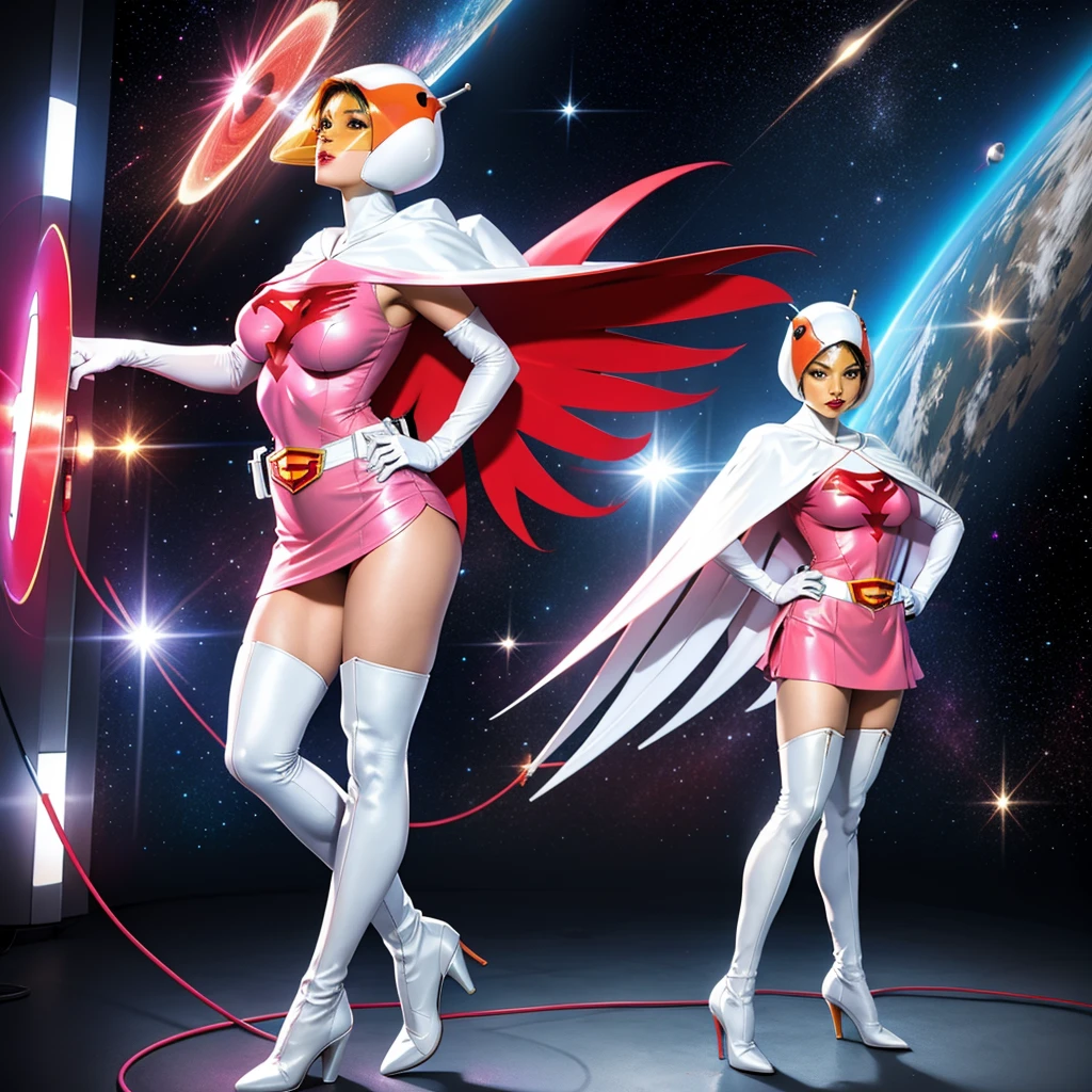 ANI_CLASSIC_jun_gatchaman_ownwaifu,1girl, 15 years old,good anatomy, masterpiece, best quality,realistic, hyperrealistic, 16k hdr,breasts,green eyes,lips,large breasts,lipstick,makeup,gloves,cape,helmet,belt,elbow gloves,white gloves,mask,ultra miniskirt,leotard,spacesuit,white tight overknee highheels boots,pink dress,superhero,bodysuit,cleavage,erected nipples,((jumping poses,arms up straight)),cameltoe