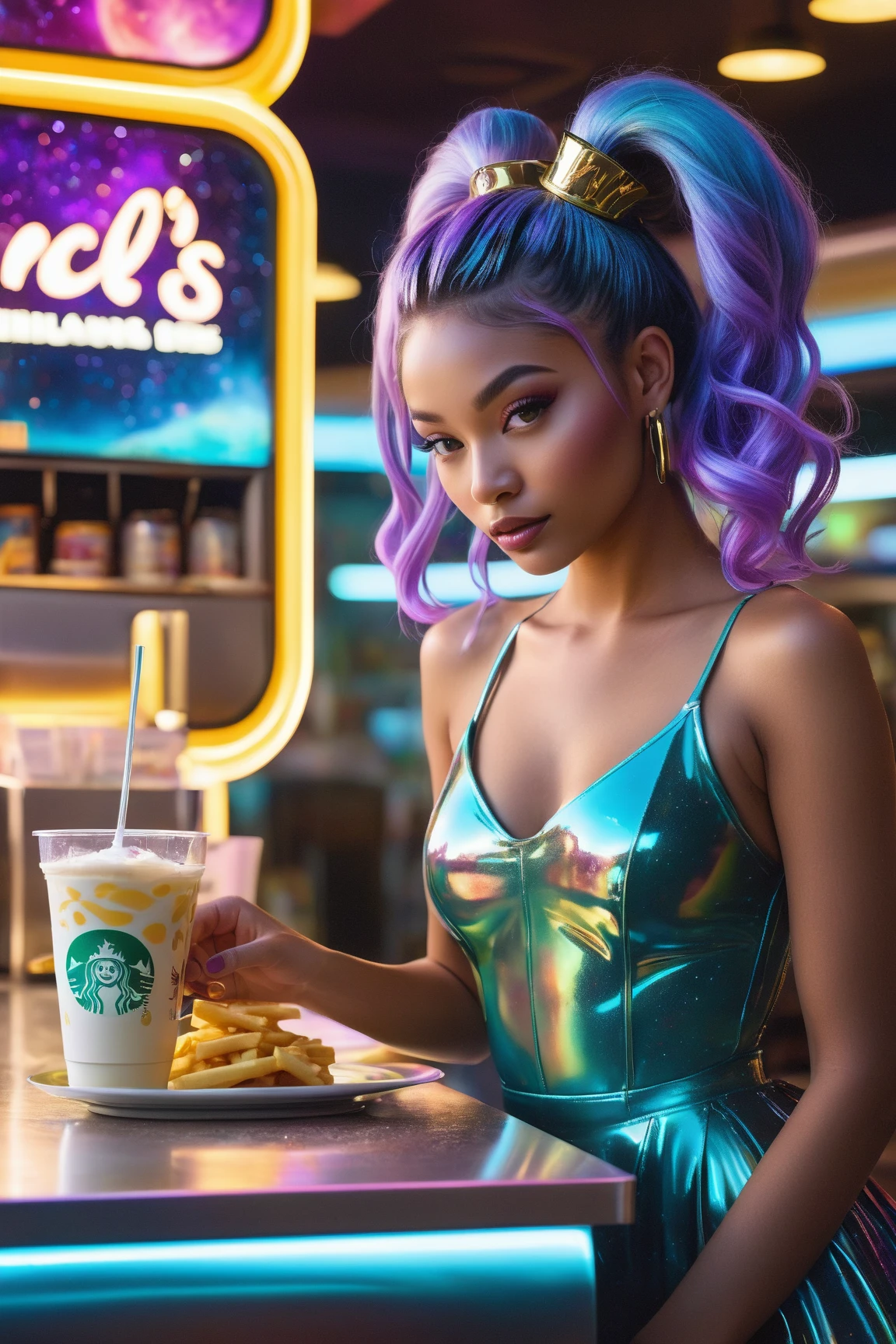 futuristic girl, dark skin, purple colored eyes, space, purple hair, blue hair, pink hair, long hair, dark skin, futuristic coffee shop no clothes