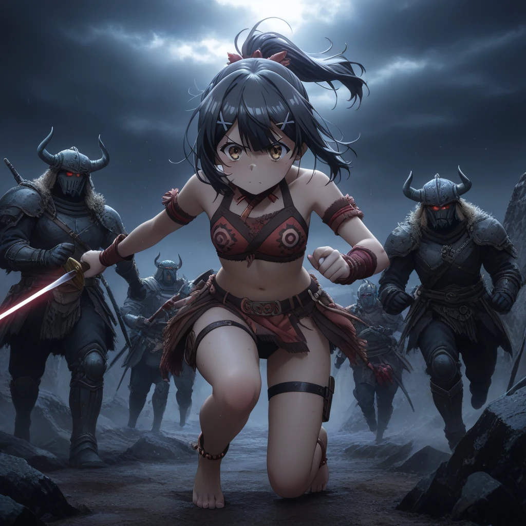 a bit, Warrior Girl, Black high leg swimsuit, sword,armor、Quiet、battlefield、There are many monsters in the background、Finding、Scared、shout