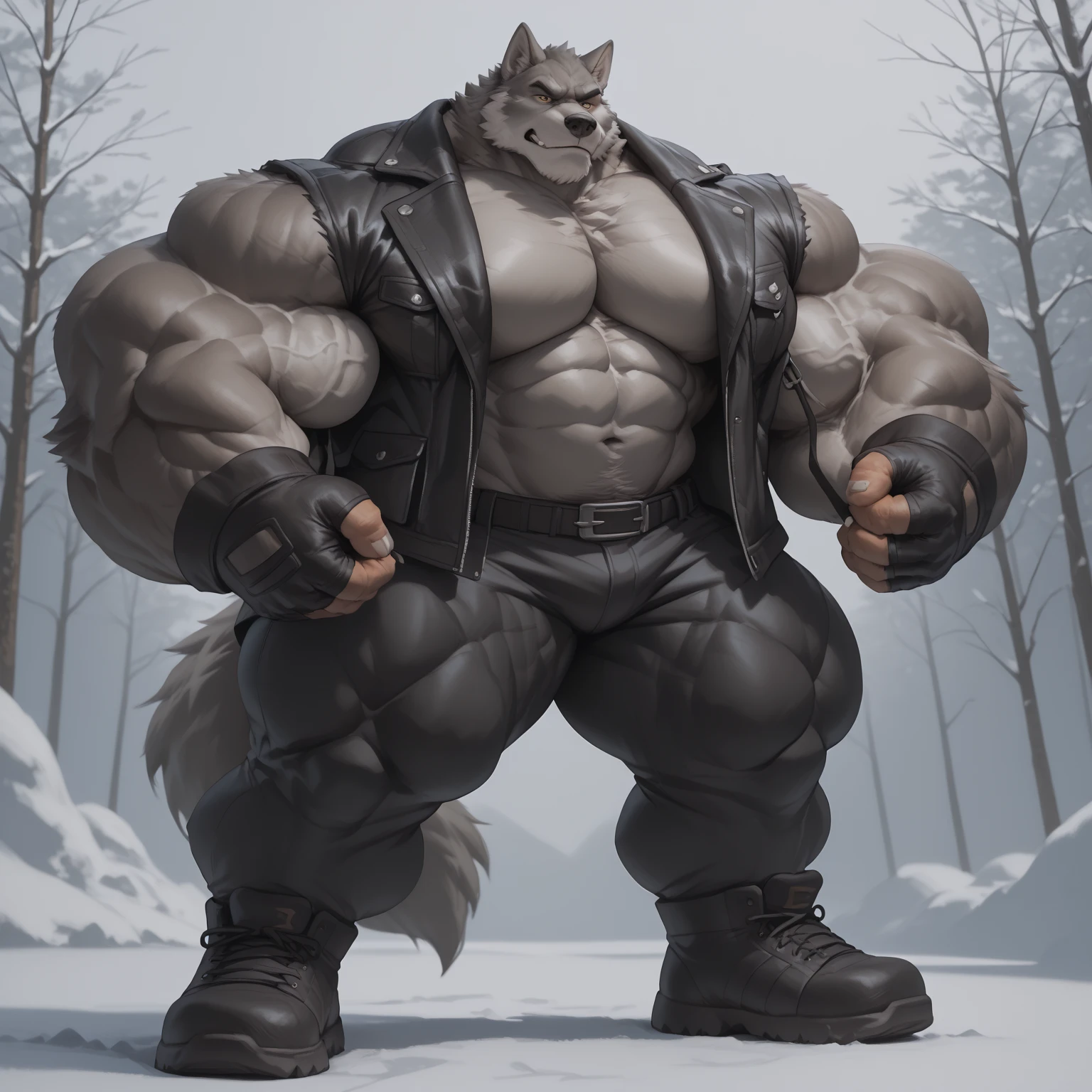 solo, male, wolf , scales, detailed face, detailed eyes, hyper muscles, hyper pecs, thick thighs, standing, plain background,
