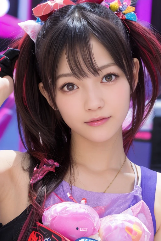The following prompt is、I will explain the details of this super realistic live-action Japanese girl based on this image in 400 characters or less.:
--- With glowing neon lights in the background、Japanese beautiful girls stand out。Her dark hair has bright pink highlights.、Tied up in twin tails、Accessorized with accessories。Her big purple eyes are impressive、The eyes are highlighted with shimmering makeup.。The costume is a thin leather bra top and arm covers.、Stylish Gothic style。Beautiful girl poses confidently、She is looking at the camera with her shoulders raised.。Colorful light bokeh spreads in the background、It creates a fantastic atmosphere。As a photographic technique、Strong contrast and vibrant colors are used、The characters and the background are in perfect harmony.。Depending on the vertical screen configuration、The details and presence of the characters are outstanding.。