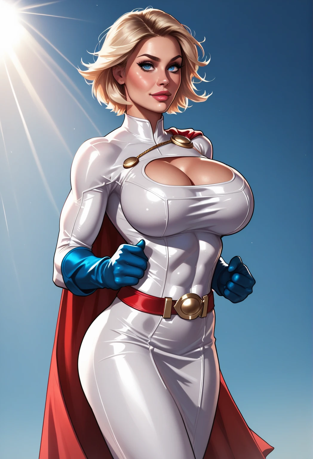 power girl flying, sky background, huge breasts, cleavage cutout, cleavage BREAK, score_9, score_8_up, score_7_up, score_6_up, score_5_up, score_4_up,