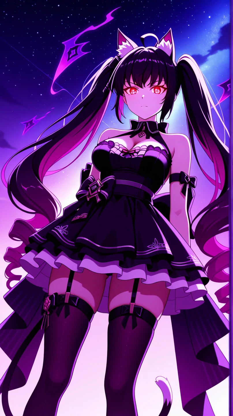 Cute, spooky, anime, witch, long black hair, green eyes, pink and black bustier, mini skirt, glittery pink and black star earrings, short, pale, small and petite, curvy, cute is my greatest strength.