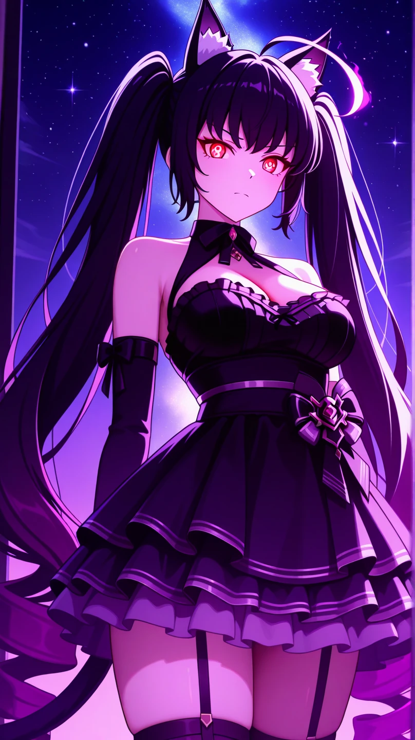 An anime girl who looks  with cat ears, very long, straight black hair with bangs similar to Inuyasha&#39;s, and golden eyes., with black and purple sleeveless lace gothic dress, with high black boots, and purple gloves, stop with a random black and red background 