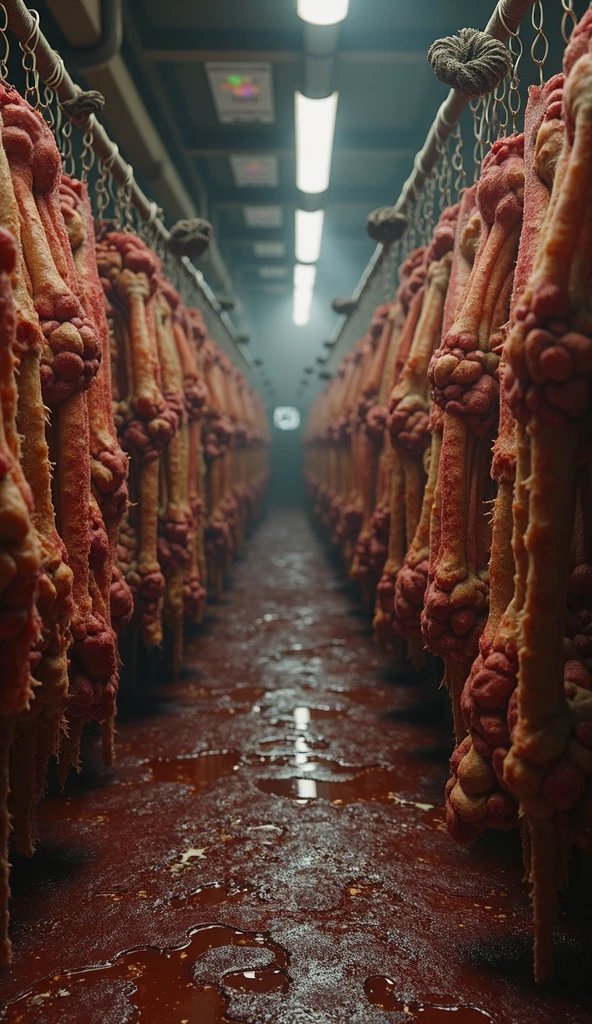 ultra realistic and extremely realistic image of human bodies bagged and hung upside down on metal hooks inside a butcher refrigerator