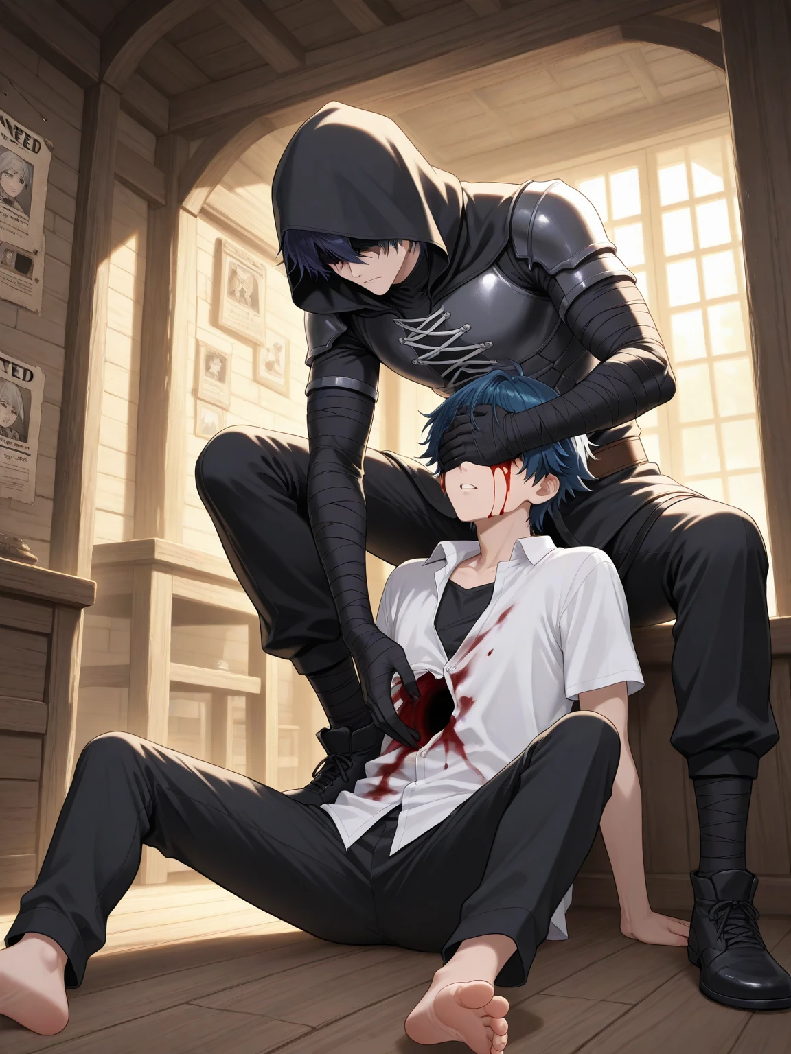 Male arab modern terrorist, terrorist, black balaclava, black bandage, black clothes, thin waist, skinny body, femboy, light skin, makeup, black eyeliner, big eyelashes, black eyeshadow, metal choker, light tanned skin, bed, 1boy, penis, penis in ass, gay sex, sex