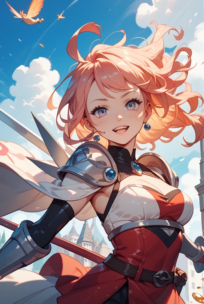 best quality, highres, absurdres, ultra detailed, 1girl, solo, <lora:TheresiaV1:1>, Theresia, ponytail, cape, breastplate, striped thighhighs, vertical stripes