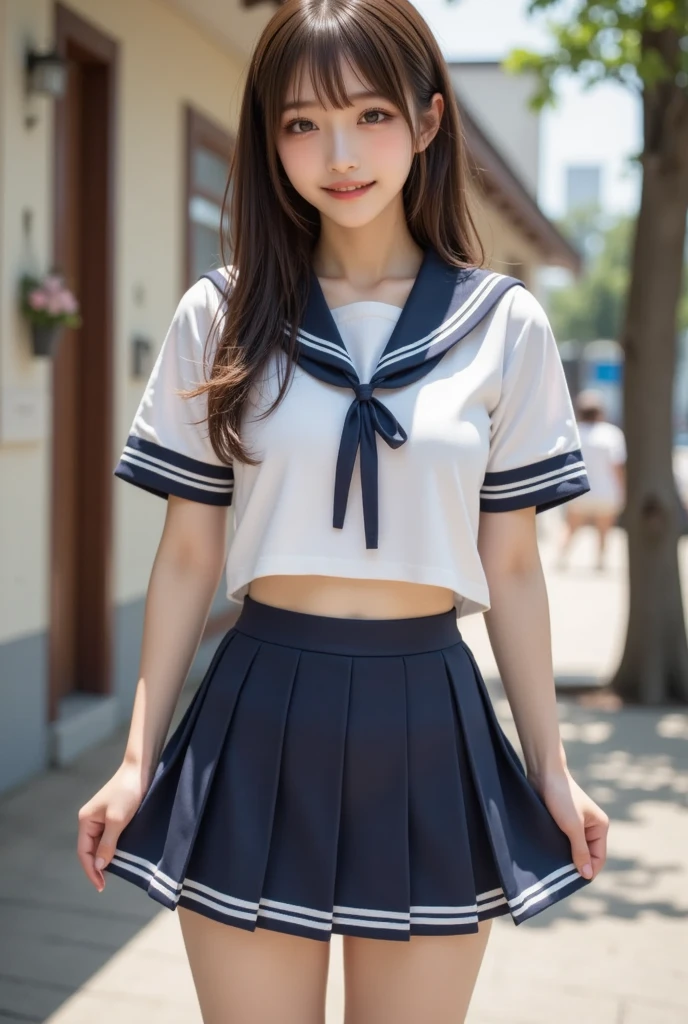 (8k、RAW Photos、highest quality、masterpiece:1.2)、(Realistic、Photorealistic:1.37)、1 girl、Wearing a sailor suit、Roll up your skirt、A large amount of cloudy sperm flows out of the vagina, Protruding areola、Gal、Lots of eyelashes、Eyelid wrinkles、Dark red knee-high socks、Spread your legs、wavy twin tails、Cute Smile、Sweaty body、Attractive body、Plump body、Beautiful and perfect body、V-line emphasis、Put your hands behind your head、Whip Body、Plump body,Chubby、Strip in the middle of Shibuya&#39;s scramble crossing