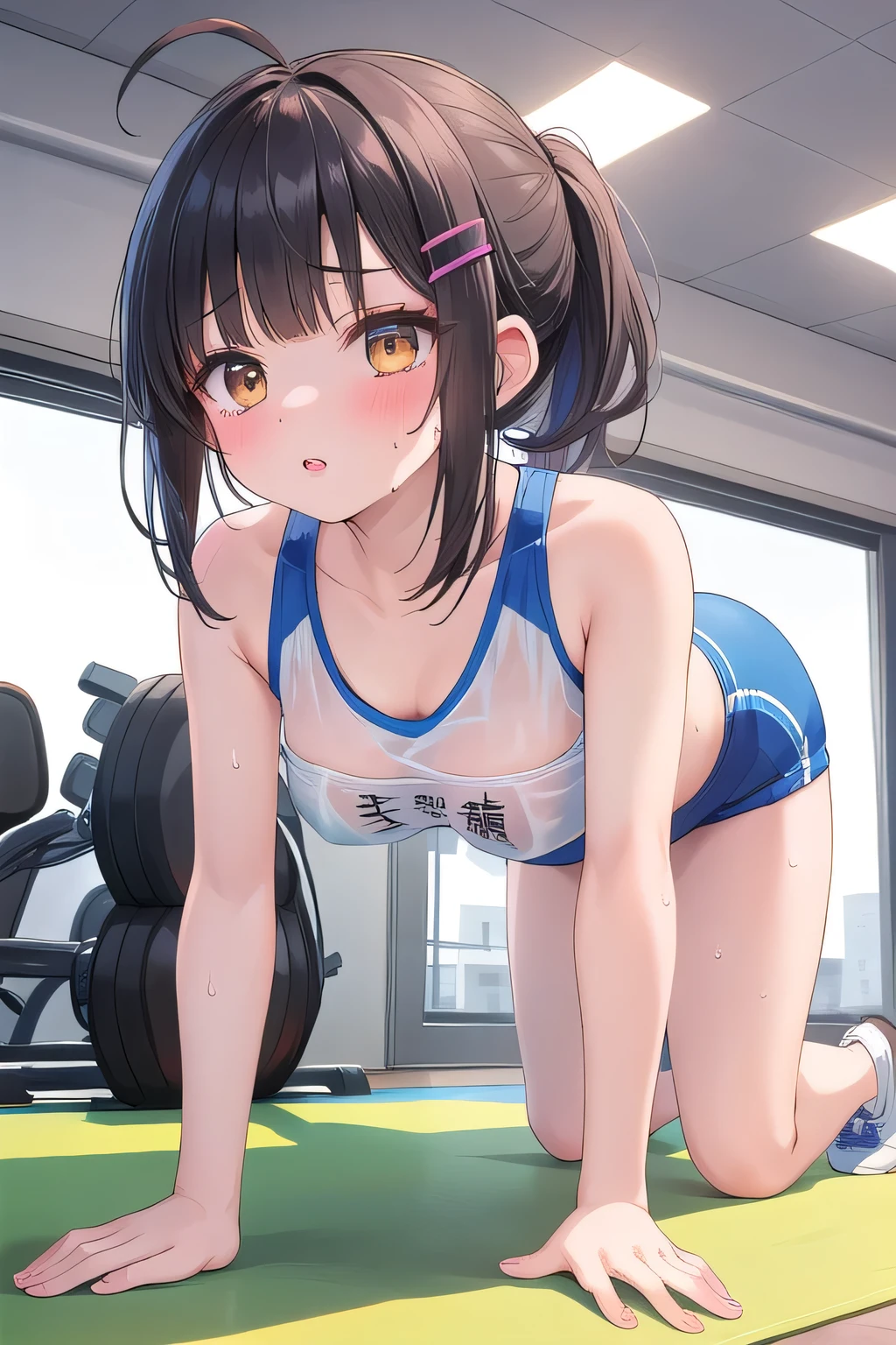 Master piece, best high quality image, carefully detailed details and textures, alone character, full character back view
{{(1character: 25 years old black haired japanese human girl: (fair skin, black short hair tied in two short twintails, beautiful blue eyes, beautiful face, sharp eyebrows, nice figure, big breasts, big glutes, beautiful legs, calm expression, calm demeanor, modeling pose), (pink one-piece swimsuit, hip frills), (white colored japanese karate training room, karate training arena, no people around))}}