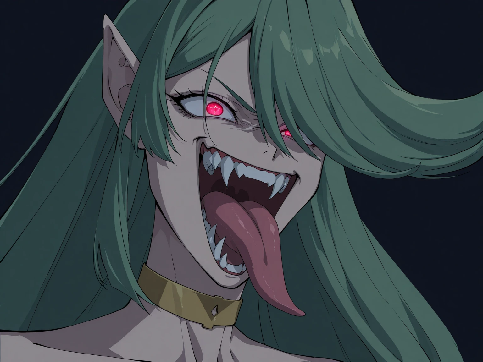 source_anime, score_9, score_8_up, score_7_up, anime screencap, 1girl, evil smile, exploding clothes, majin,, solo, long hair, breasts, earclip, white hair, earrings, detached sleeves, pointy ears, torn clothes, majin eyes, tube top, pink skin, android 21, teeth, breasts,, blush, open mouth, big mouth, tongue, tongue out, close up, saliva, uvula, uvula, mouth focus, excessive saliva, , looking down, nude, long tongue, large tongue, room, indoors, highres,