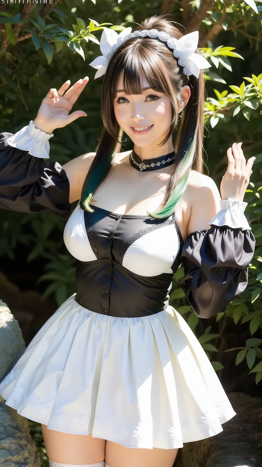 (8k, RAW photos, top quality, masterpiece: 1.2), ultra detailed, super resolution, (real, real photos: 1.37), portraits, high definition RAW color photos, professional photos, very detailed and beautiful, highly detailed, 8k wallpapers, amazing details, huge file size, official art, highly detailed CG Unity 8k wallpapers, highly detailed beautiful girls, highly detailed facesHighly detailed eyes, highly detailed skin, very detailed fingers, very detailed nose, highly detailed detailed mouth, perfect anatomy, detailed background, detailed clothes, 1 girl, (18 years old: 1.2), teenager, cute girl, realistic body, white skin, radiant skin, handsome body, black hair, short hair, (dull bangs: 1.2), cute, youthful, cute face, realistic face, delicate eyes, Sauce eyes old Horiwa camera gaze, cowboy shot, facing front, (((super big: 1.32)), droopy breasts, (very detailed green idol costume), thick thighs, (((emphasis on kneecaps)), (very detailed white skin), twin tails, hair ornaments, (((super big: 1.41), breasts protruding from the cloth, full body shot, embarrassed face, excited face, standing (((frontal view: 1.2)), ( Hands are emphasized by big breasts), (((Photograph knees)), Photograph below knees, ((Emphasize knees)), Frightened face, Hands on shoulders and chest with elbows, Photograph below knees, excited, Muchimuchi, Full body photo, Green ruffled skirt, Green pleated skirt, Ribbon, Wristband, Korean idol