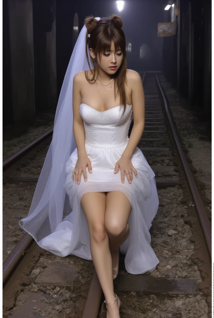 Young Goddess, Slum, Half Squat, Head in Hands, Armpits, Stiletto Heeled Pointed Toe Wedding Shoes, Pure White Elegant Gorgeous High Heels: 1.5, Wedding Dress, Smile, Real Skin, Absolutely Beautiful Face, Tall Fair, Jewelry, High Definition 8K, Perfect ???????
