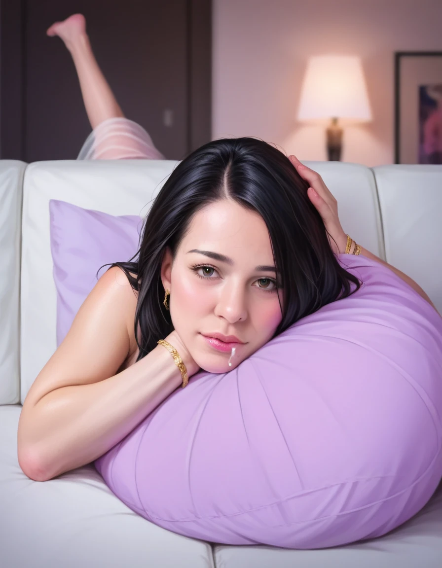 has a woman
In the image, a beautiful Brazilian woman with white skin, dark brown hair of medium length and loose hair, lying on a sofa with a remote control in her hand, relaxing on the sofa, relaxing on a sofa, she is lying on her back, passed out, tired, on a beige couch, sprawled out, shot in the leg, relaxing after a hard day. She is around 40 years old, 162 cm tall and weighs 56 kg. Her body exudes glamor and her face is a definition of beauty. Slender body, thin waist. Highly realistic, hyperrealism, very elaborate skin, high quality photo. Sharp Photo, High Resolution, High Quality, Masterpiece, 16K Photo, Sharp Photo, High Contrast, Masterpiece, (Photographically Realistic), ((((NU)))), NUDE, NFSW.