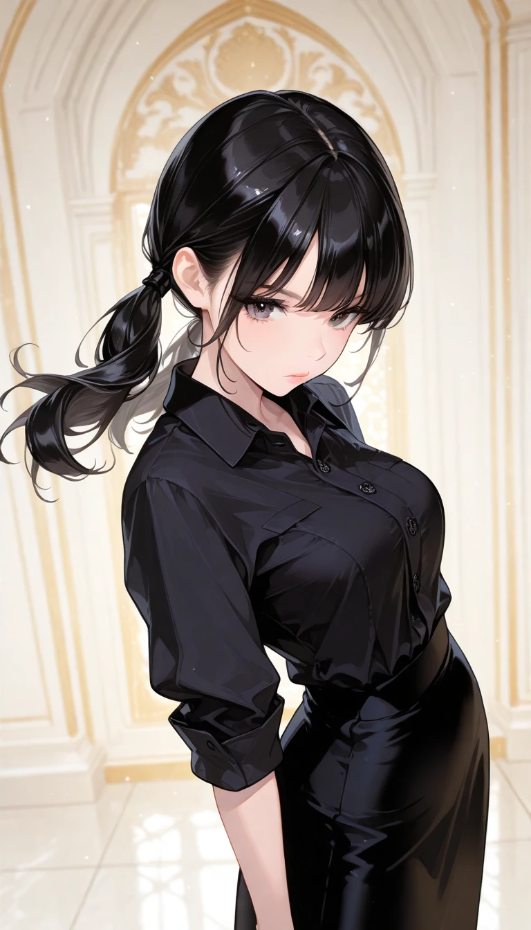 (best quality:1.5, highres, UHD, 4K, detailed lighting, shaders), black floral haired, gradient hair, large breasts, suit, red shirt, social shirt, short skirt, mature woman , (pov), black background, colorful eyeshadow, dramatic lighting, sparkling eyes, sensual expression, golden earrings, flowing hair, delicate facial features, dark skin, high cheekbones, urban setting, full body, black background, dont look for the camera, lean forward, behind the camera