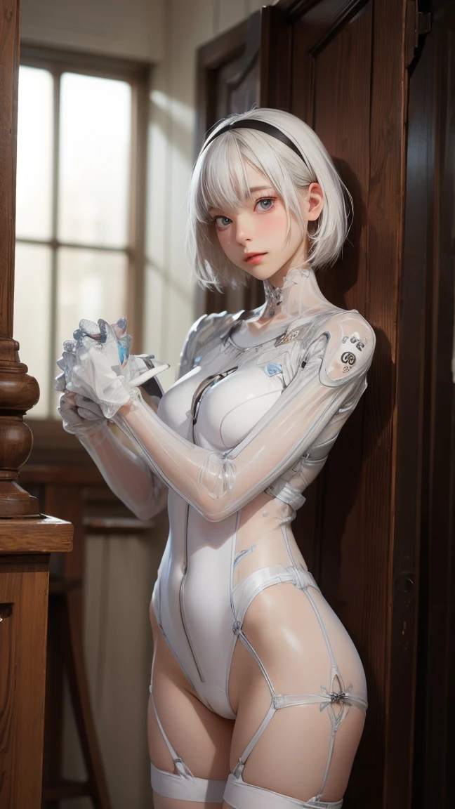 《Artificial intelligence role》。(((Virtual character design:heart doctor。woman,20 years old,white short hair,Exquisite facial features,beautiful make up,Skin details,Smile)))。((white suit))。((Super realistic details)), illumination, light and shadow, octane rendering, 8k, super sharp,complicated, Accessory details,atmosphere