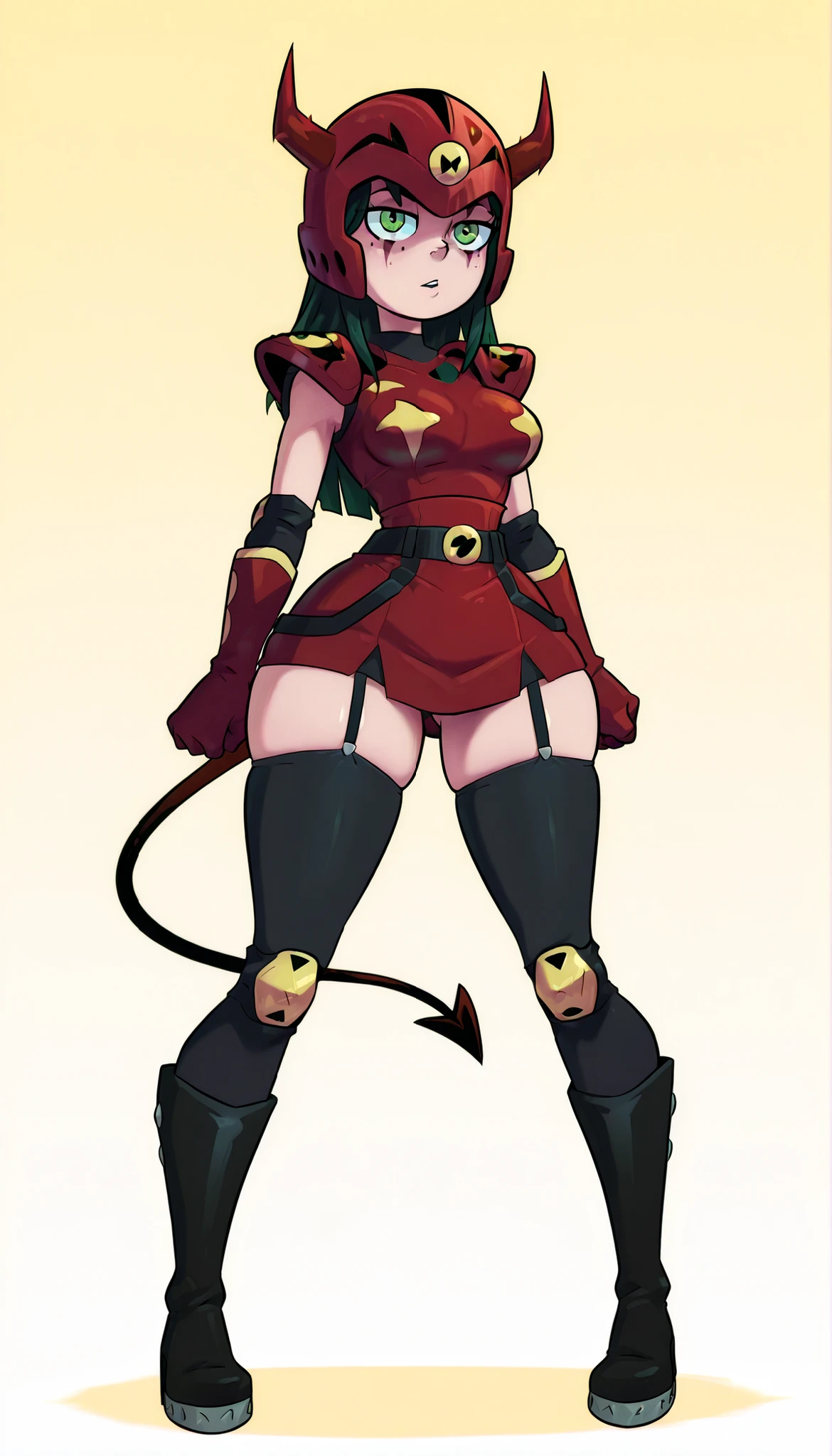 (1Girl), Solo, (Star Vs The Forces of Evil Style), (Women's OC), ((goth girl)), ((redhead with yellow at the tips)), (eye shadow), ((Green eyes)),  (wide hips), (wide thighs), (medium breasts), (thin waist), (wide hips), (medium thighs), (perfect anatomy), (((perfect hands)), (super detailed), (devil’s tail), (athletic body), ((full body:1.5)), (looking at the spectator), ((indentation of the skin)), (gap between thighs), (hollow knee), (ankle hole), (standing), (Power Ranger costume), (Power Ranger costume rojo), (Red ranger suit), ((red hero costume)), ((futuristic neon red armor with shiny gold details)), ((Red Devil Ranger helmet)), (thin devil horns), ((Black knee and elbow pads)), ((black shoulder pads with studs)), ((black boots and gloves with studs)), ((black belt with red pockets)), (Head covered), ((covered face)),