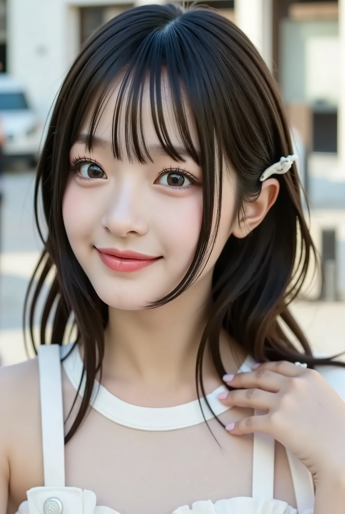 {{focuses on the face: 1.8},{{focus on the eyes: 1.8}},{{{top quality: 1.8}}}, {top quality: 1.8}, {bangs:1.8}},,{natural makeup: 1.8},{{Clear Eyes: 1.8}, {Beautiful Fingertips:nail polish:1.8}, {professional lighting)}},{High Accuracy Selection},{{{{small bra for photos}}}},{{One high school student's : smile ヤン: small breasts}}: {{Nipples(red)Nipples}},,{red頬: 1.6},,{{{{smile: big double eyelids: mascara: teardrop bag: long eyelashes: 1.8}}},,{{eyeshadow: 0.8}},{{{{透明な白いタンクトップ - Nipples: 1.8}}}},{{bob cut: Princess Cut: ponytail: 1.8}},{ Please fold your hands behind your head: 1.8},{ Pink small earrings},{{Blurred white background: 1.8}}