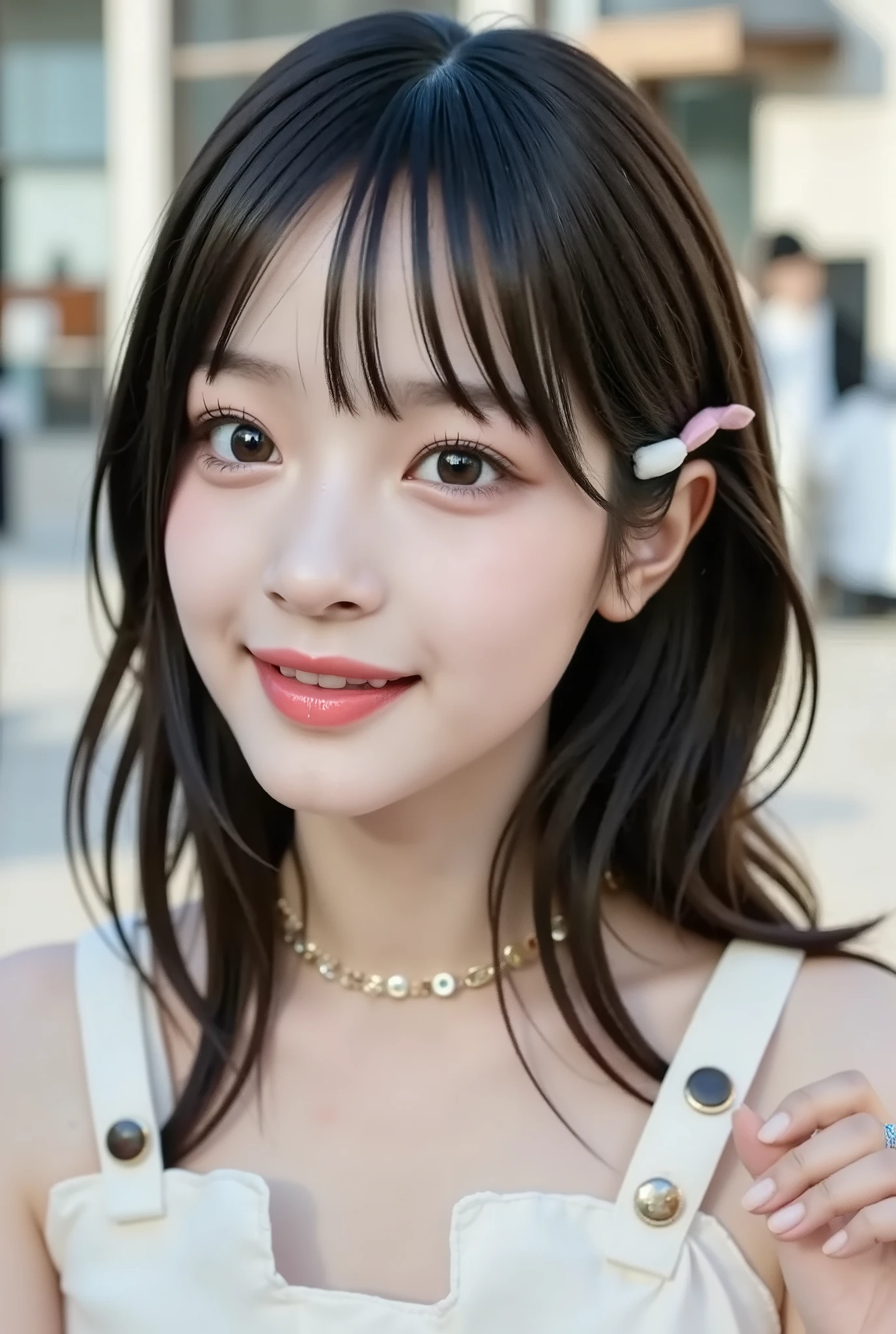 {{focuses on the face: 1.8},{{focus on the eyes: 1.8}},{{{top quality: 1.8}}}, {top quality: 1.8}, {bangs:1.8}},,{natural makeup: 1.8},{{Clear Eyes: 1.8}, {Beautiful Fingertips:nail polish:1.8}, {professional lighting)}},{High Accuracy Selection},{{{{small bra for photos}}}},{{One high school student's : smile ヤン: small breasts}}: {{Nipples(red)Nipples}},,{red頬: 1.6},,{{{{smile: big double eyelids: mascara: teardrop bag: long eyelashes: 1.8}}},,{{eyeshadow: 0.8}},{{{{透明な白いタンクトップ - Nipples: 1.8}}}},{{bob cut: Princess Cut: ponytail: 1.8}},{ Please fold your hands behind your head: 1.8},{ Pink small earrings},{{Blurred white background: 1.8}}