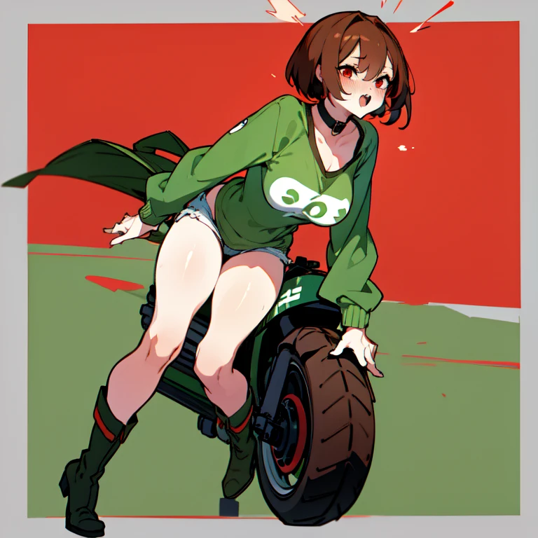 nsfw,(((masterpiece))), 1 girl, alone, looking at the viewer, short hair, brown hair, long sleeve, cleavage, closed mouth, clavicle, Green Micro Bikini, ground vehicle, play sports often, bicycle,(sexual fluid overflowing)、(angle from behind:1.5)、bicycleにまたがっている、huge breasts、wide waist width
